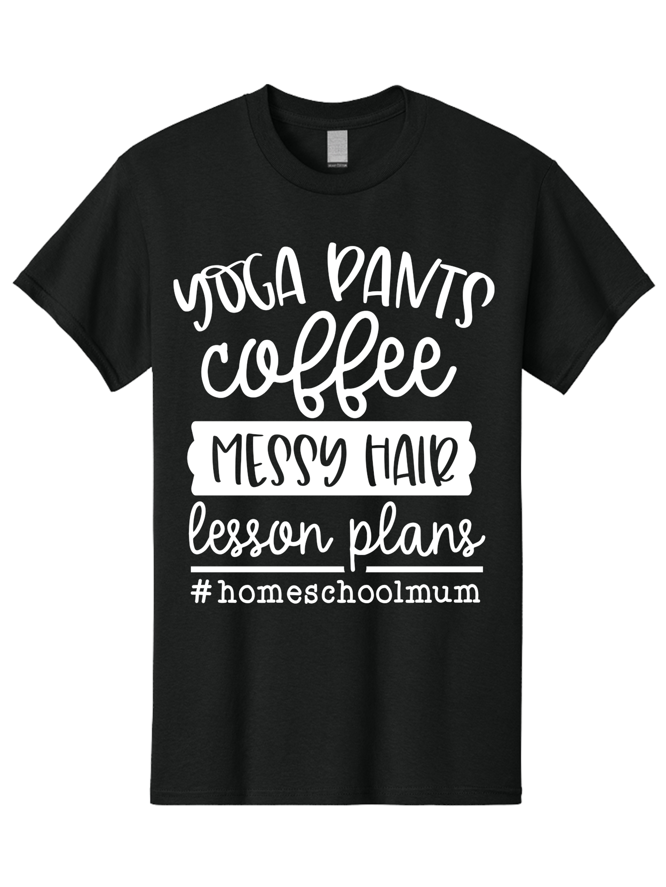 Yoga-Pants-Coffee-Messy-Hair-Lesson-Plans Men'S Graphic Tee, 100% Cotton, Comfortable Casual Summer Wear, Machine Washable, Homeschooling Mom, Yoga Pants, Messy Bun, Coffee Break, Lesson Plans, Mom Life, Homeschooling Lifestyle, Aab460