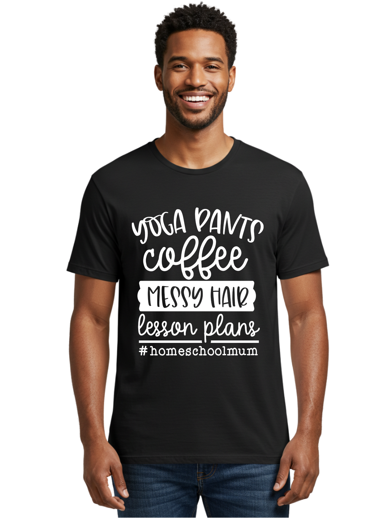 Yoga-Pants-Coffee-Messy-Hair-Lesson-Plans Men'S Graphic Tee, 100% Cotton, Comfortable Casual Summer Wear, Machine Washable, Homeschooling Mom, Yoga Pants, Messy Bun, Coffee Break, Lesson Plans, Mom Life, Homeschooling Lifestyle, Aab460