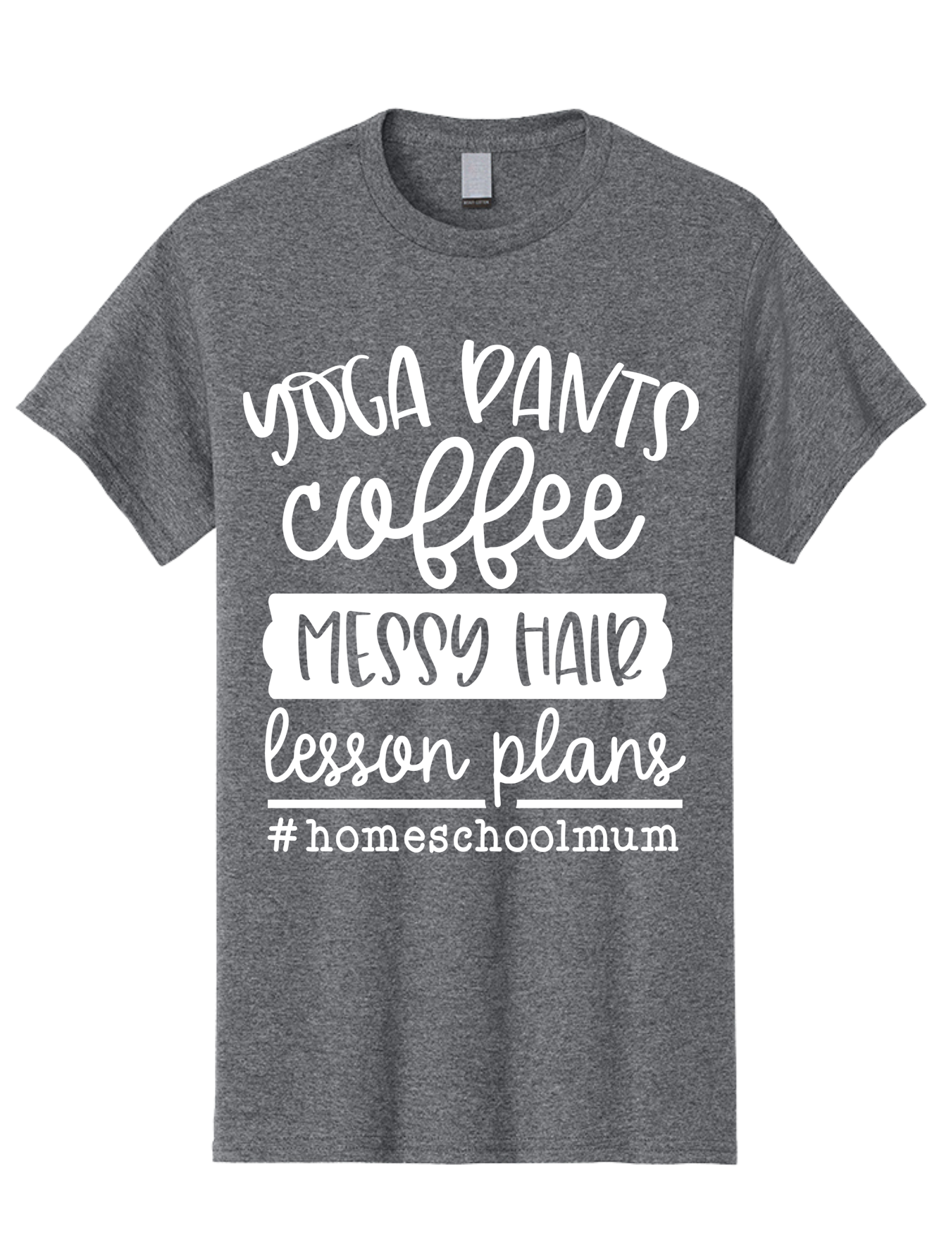 Yoga-Pants-Coffee-Messy-Hair-Lesson-Plans Men'S Graphic Tee, 100% Cotton, Comfortable Casual Summer Wear, Machine Washable, Homeschooling Mom, Yoga Pants, Messy Bun, Coffee Break, Lesson Plans, Mom Life, Homeschooling Lifestyle, Aab460