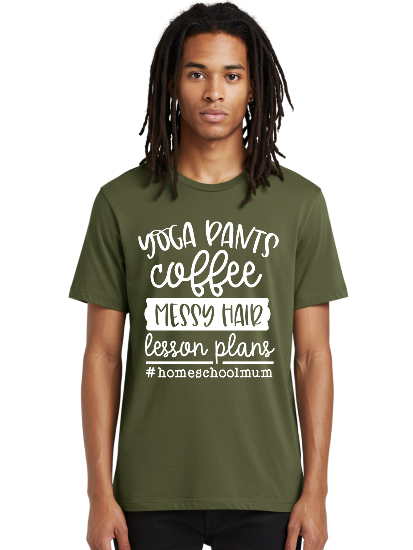 Yoga-Pants-Coffee-Messy-Hair-Lesson-Plans Men'S Graphic Tee, 100% Cotton, Comfortable Casual Summer Wear, Machine Washable, Homeschooling Mom, Yoga Pants, Messy Bun, Coffee Break, Lesson Plans, Mom Life, Homeschooling Lifestyle, Aab460