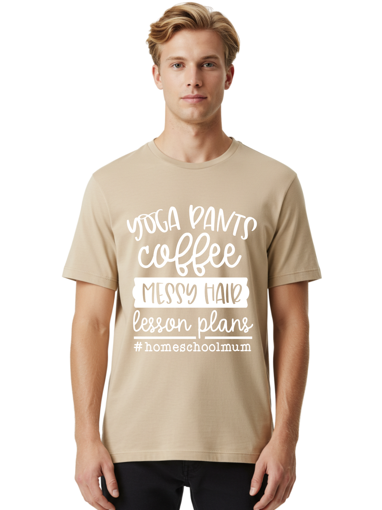 Yoga-Pants-Coffee-Messy-Hair-Lesson-Plans Men'S Graphic Tee, 100% Cotton, Comfortable Casual Summer Wear, Machine Washable, Homeschooling Mom, Yoga Pants, Messy Bun, Coffee Break, Lesson Plans, Mom Life, Homeschooling Lifestyle, Aab460
