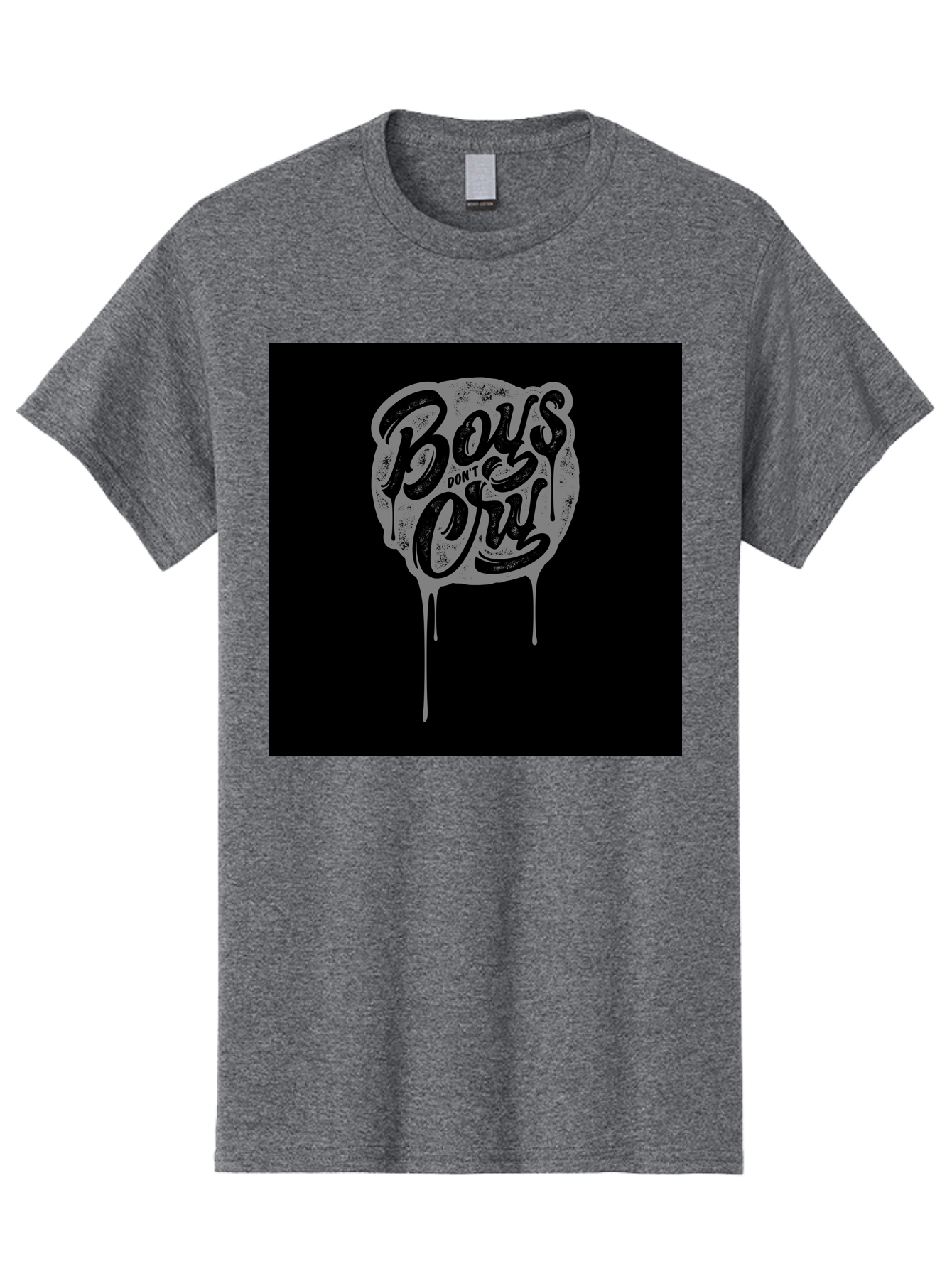 Boys-Don-T-Cry Men'S Graphic Tee, 100% Cotton, Comfortable Casual Summer Wear, Machine Washable, Boys Don'T Cry, Emotional Strength, Bold Typography, Grey Paint Drips, Black Background, Graphic Design, Urban Style, Rock Music, Typographic Art, Aab463