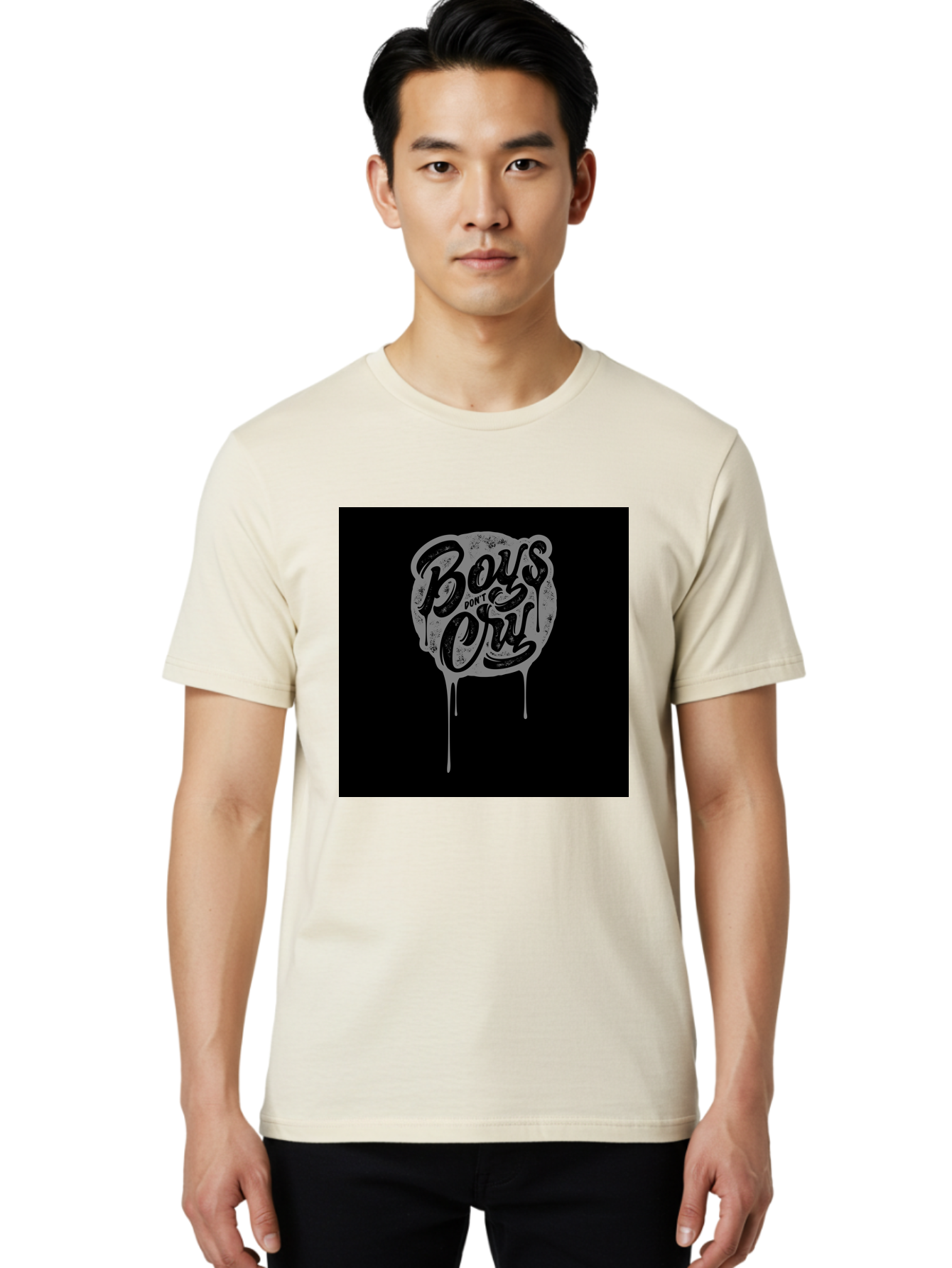 Boys-Don-T-Cry Men'S Graphic Tee, 100% Cotton, Comfortable Casual Summer Wear, Machine Washable, Boys Don'T Cry, Emotional Strength, Bold Typography, Grey Paint Drips, Black Background, Graphic Design, Urban Style, Rock Music, Typographic Art, Aab463
