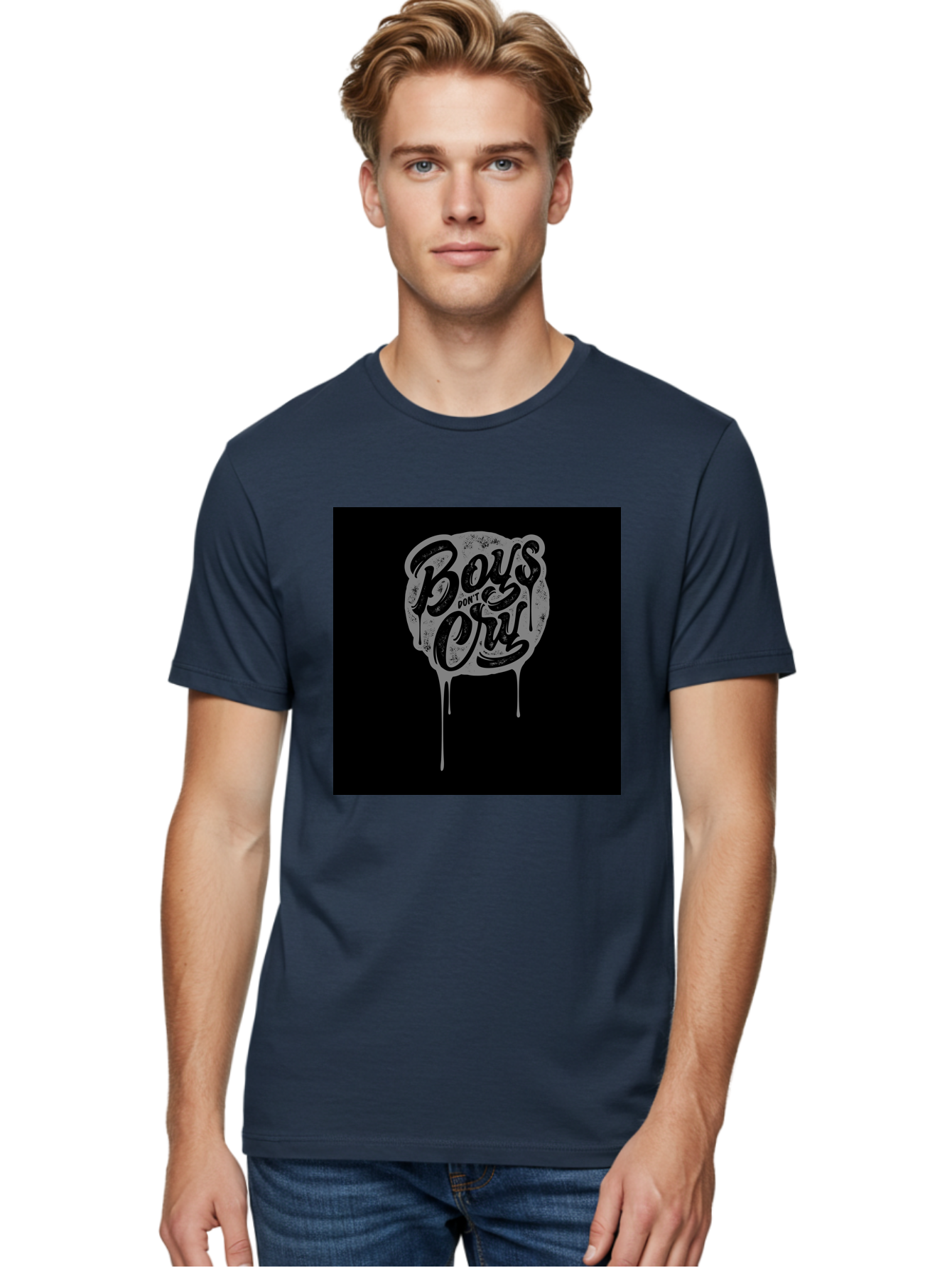 Boys-Don-T-Cry Men'S Graphic Tee, 100% Cotton, Comfortable Casual Summer Wear, Machine Washable, Boys Don'T Cry, Emotional Strength, Bold Typography, Grey Paint Drips, Black Background, Graphic Design, Urban Style, Rock Music, Typographic Art, Aab463