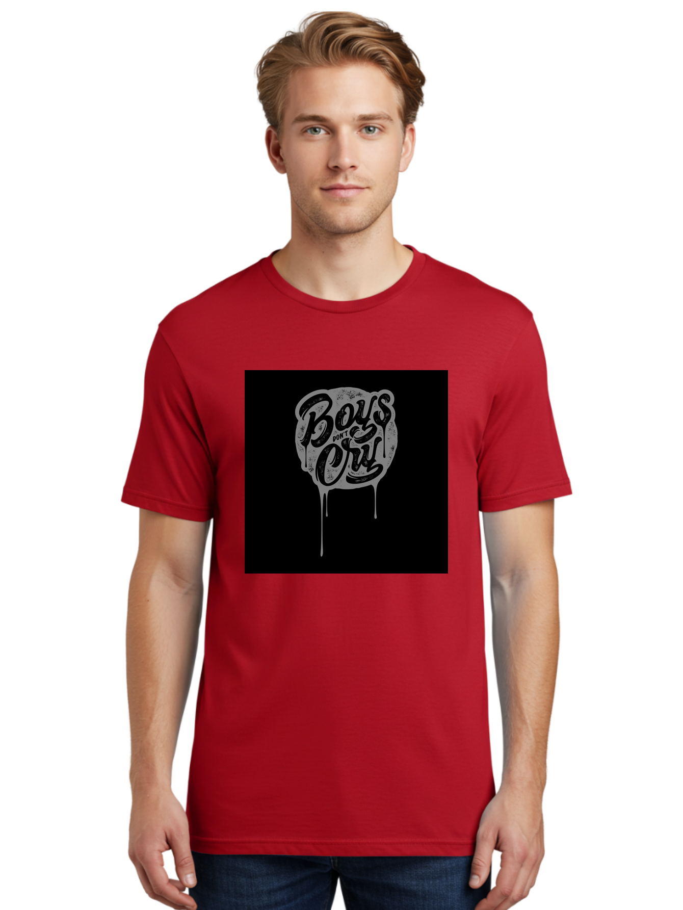Boys-Don-T-Cry Men'S Graphic Tee, 100% Cotton, Comfortable Casual Summer Wear, Machine Washable, Boys Don'T Cry, Emotional Strength, Bold Typography, Grey Paint Drips, Black Background, Graphic Design, Urban Style, Rock Music, Typographic Art, Aab463