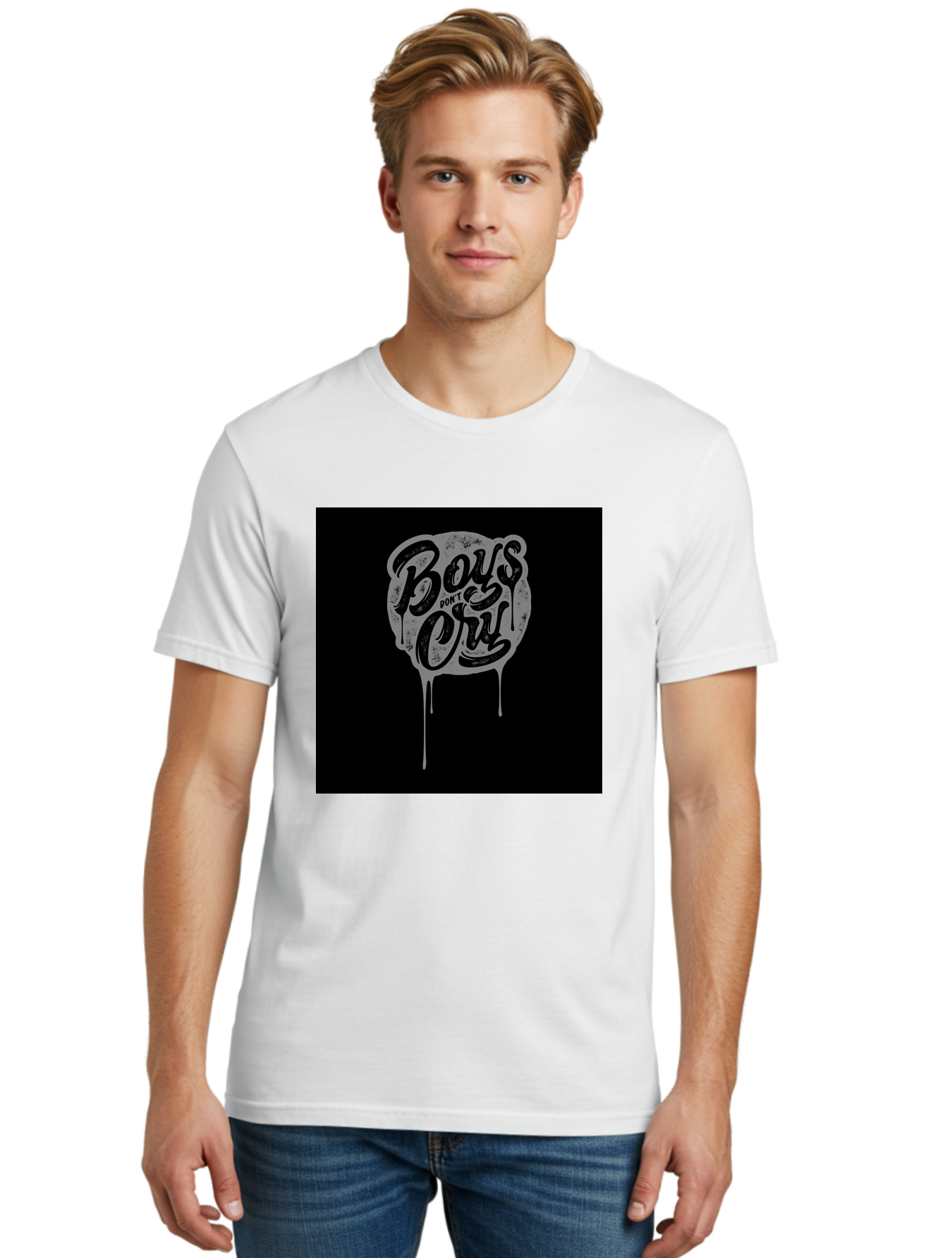 Boys-Don-T-Cry Men'S Graphic Tee, 100% Cotton, Comfortable Casual Summer Wear, Machine Washable, Boys Don'T Cry, Emotional Strength, Bold Typography, Grey Paint Drips, Black Background, Graphic Design, Urban Style, Rock Music, Typographic Art, Aab463