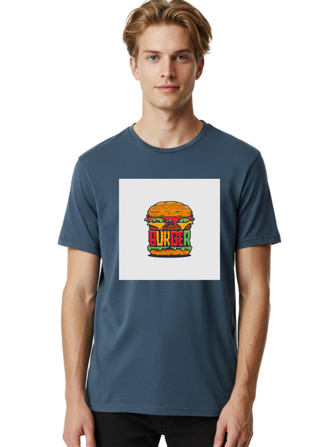 Burger Men'S Graphic Tee, 100% Cotton, Comfortable Casual Summer Wear, Machine Washable, Cartoon Burger, Juicy Patty, Melted Cheese, Fresh Lettuce, Ketchup Dripping, Sesame Seed Bun, Colorful Illustration, Fast Food, Burger Joint, Tasty Meal, Aab464