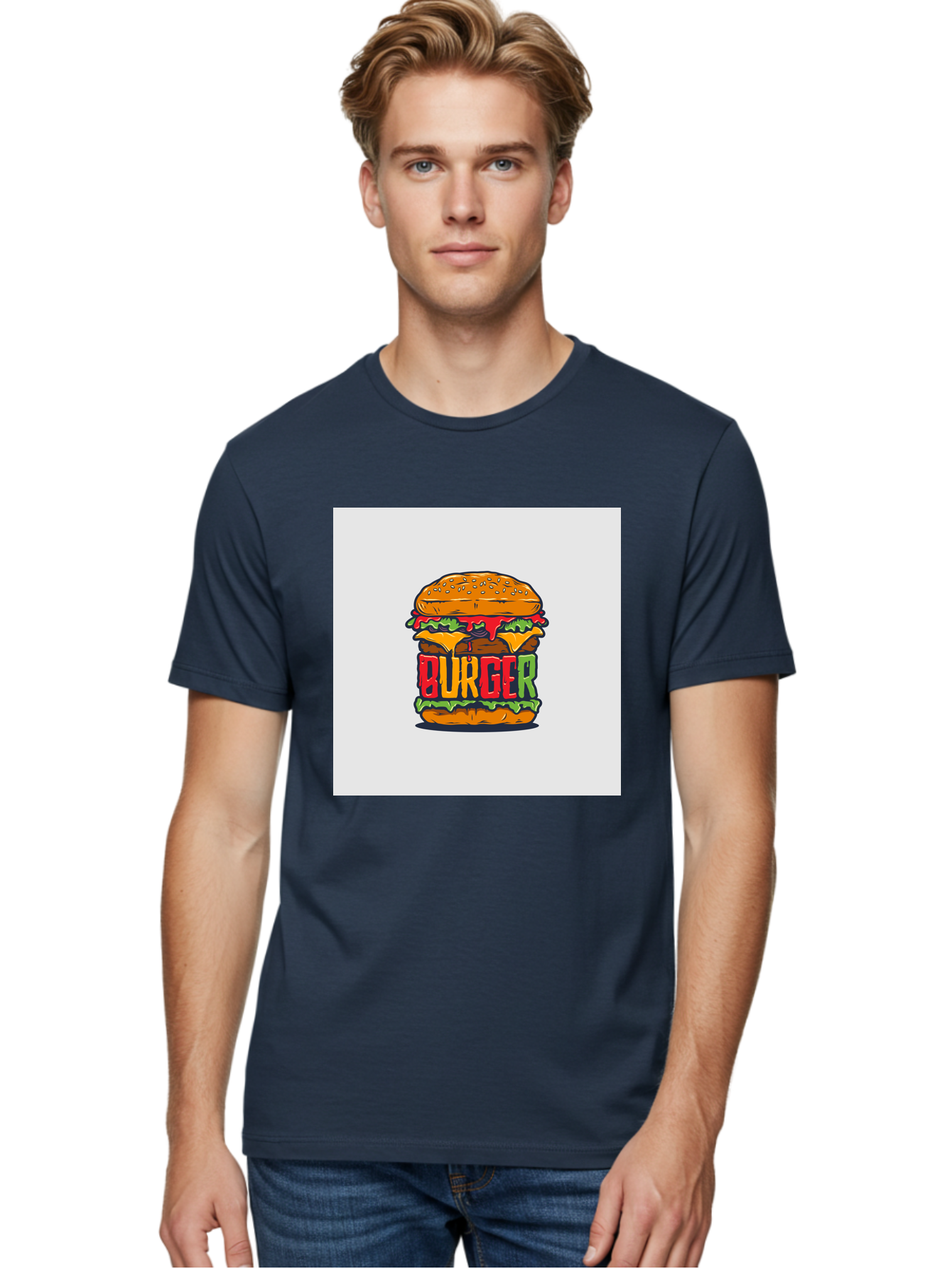 Burger Men'S Graphic Tee, 100% Cotton, Comfortable Casual Summer Wear, Machine Washable, Cartoon Burger, Juicy Patty, Melted Cheese, Fresh Lettuce, Ketchup Dripping, Sesame Seed Bun, Colorful Illustration, Fast Food, Burger Joint, Tasty Meal, Aab464