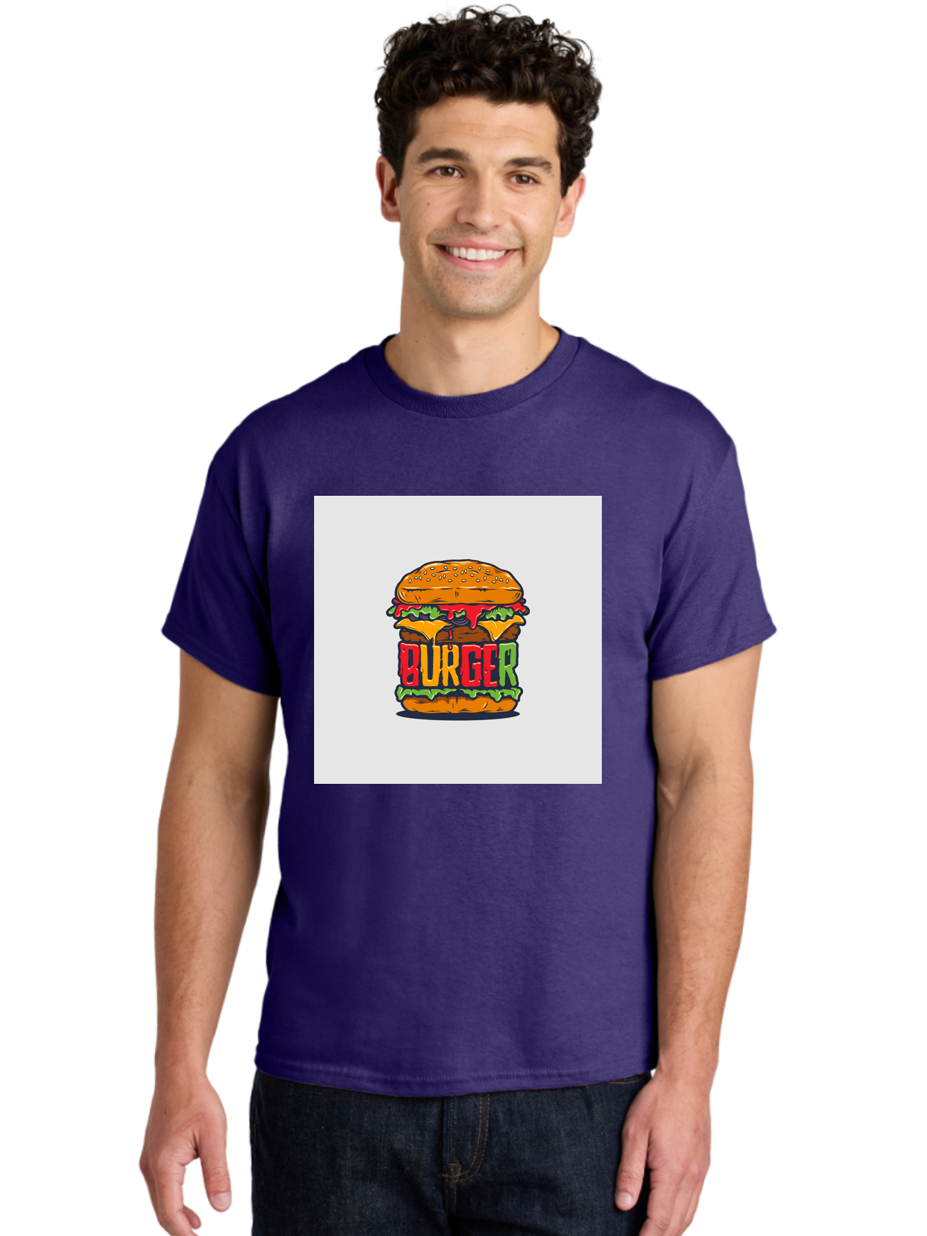 Burger Men'S Graphic Tee, 100% Cotton, Comfortable Casual Summer Wear, Machine Washable, Cartoon Burger, Juicy Patty, Melted Cheese, Fresh Lettuce, Ketchup Dripping, Sesame Seed Bun, Colorful Illustration, Fast Food, Burger Joint, Tasty Meal, Aab464