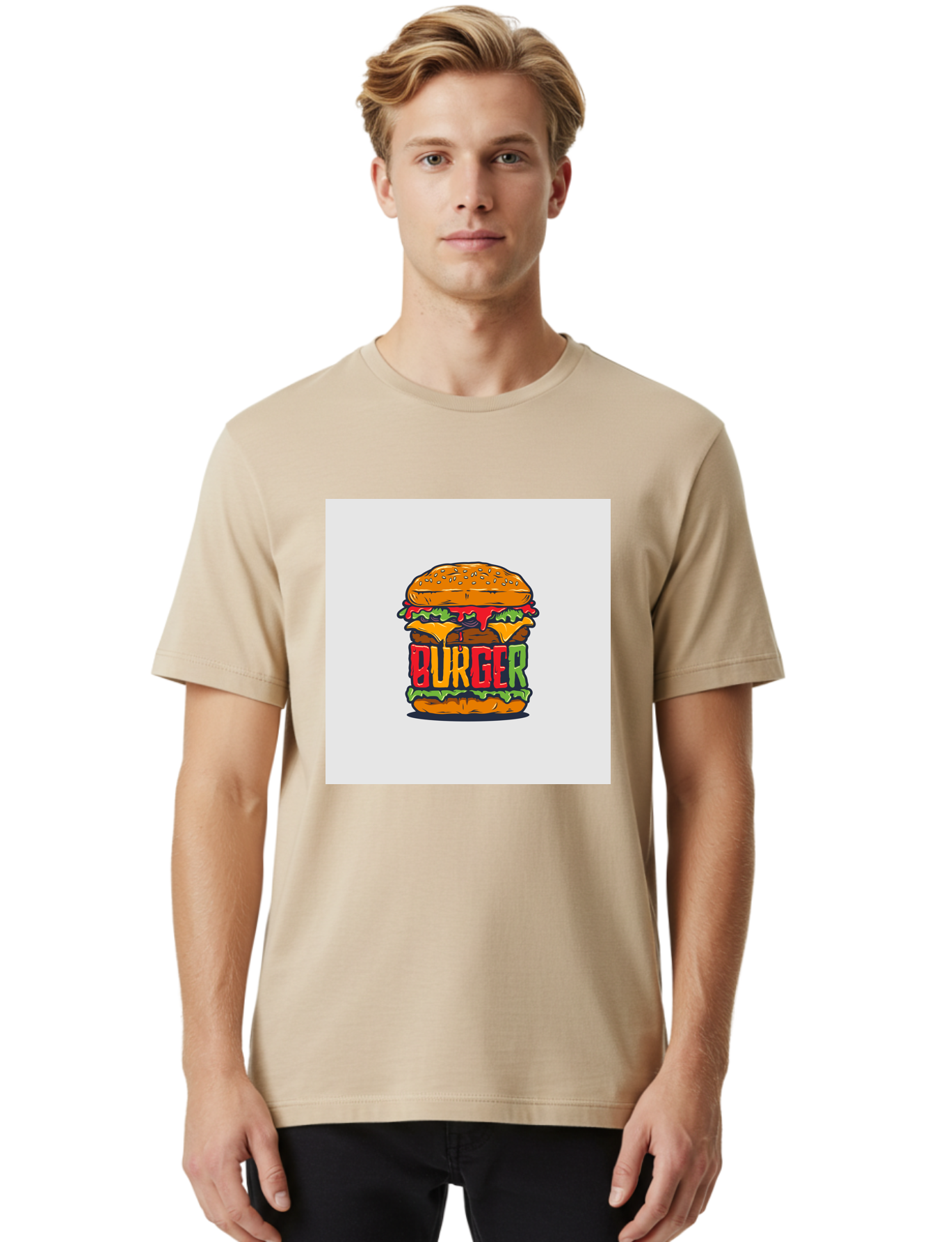 Burger Men'S Graphic Tee, 100% Cotton, Comfortable Casual Summer Wear, Machine Washable, Cartoon Burger, Juicy Patty, Melted Cheese, Fresh Lettuce, Ketchup Dripping, Sesame Seed Bun, Colorful Illustration, Fast Food, Burger Joint, Tasty Meal, Aab464