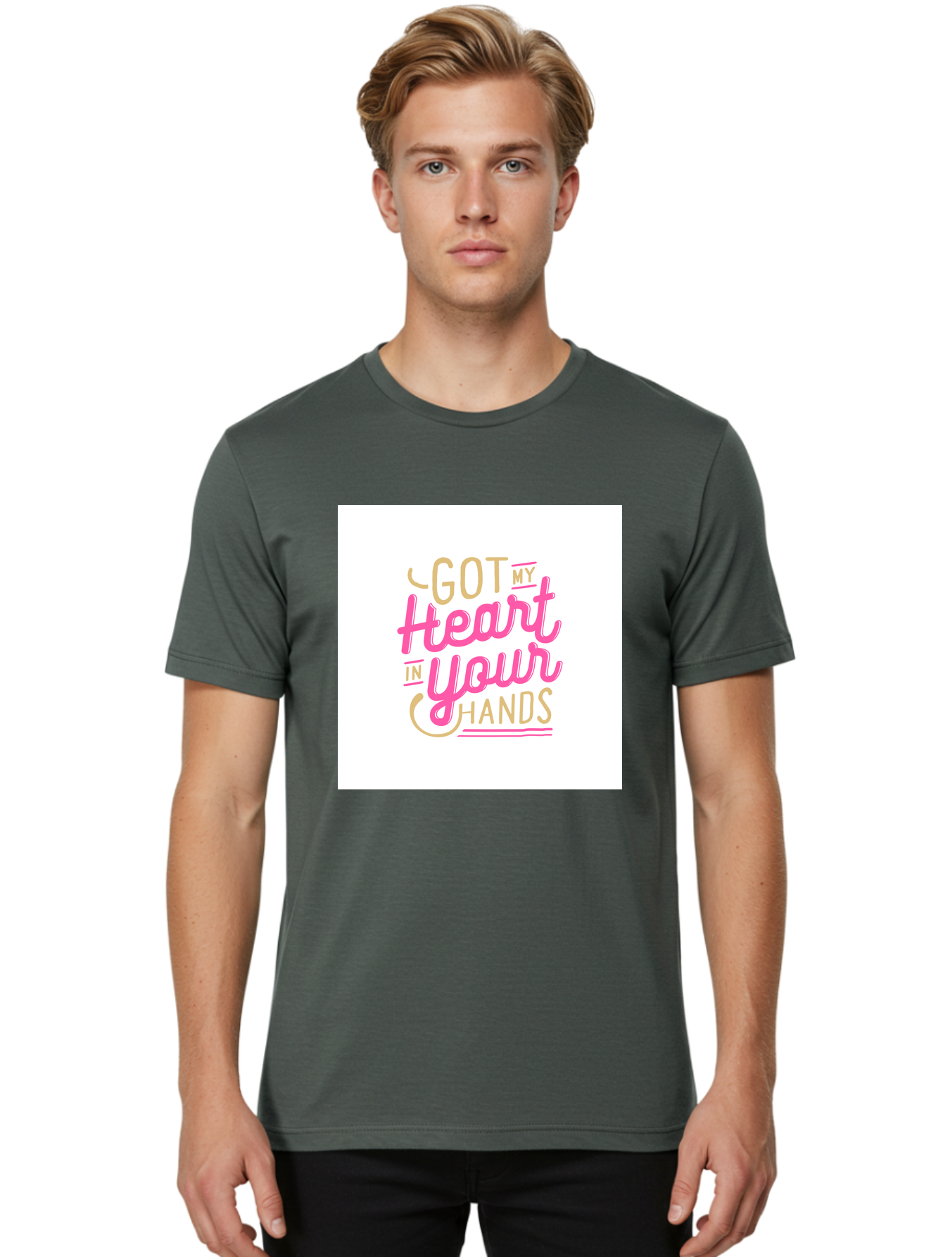 Got-My-Heart-In-Your-Hands Men'S Graphic Tee, 100% Cotton, Comfortable Casual Summer Wear, Machine Washable, Love Quote, Typography Art, Heartwarming Phrase, Gold And Pink Lettering, Inspirational Words, Romantic Gesture, Sweet Sentiment, Aab469