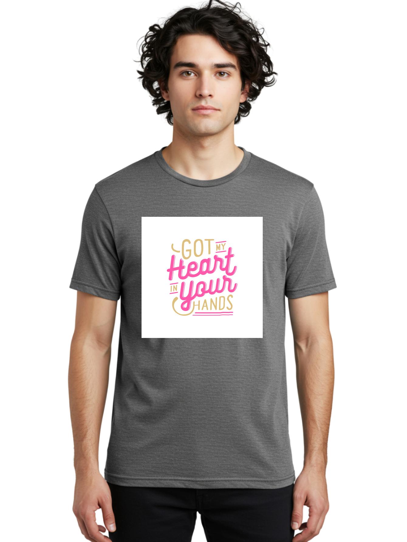 Got-My-Heart-In-Your-Hands Men'S Graphic Tee, 100% Cotton, Comfortable Casual Summer Wear, Machine Washable, Love Quote, Typography Art, Heartwarming Phrase, Gold And Pink Lettering, Inspirational Words, Romantic Gesture, Sweet Sentiment, Aab469
