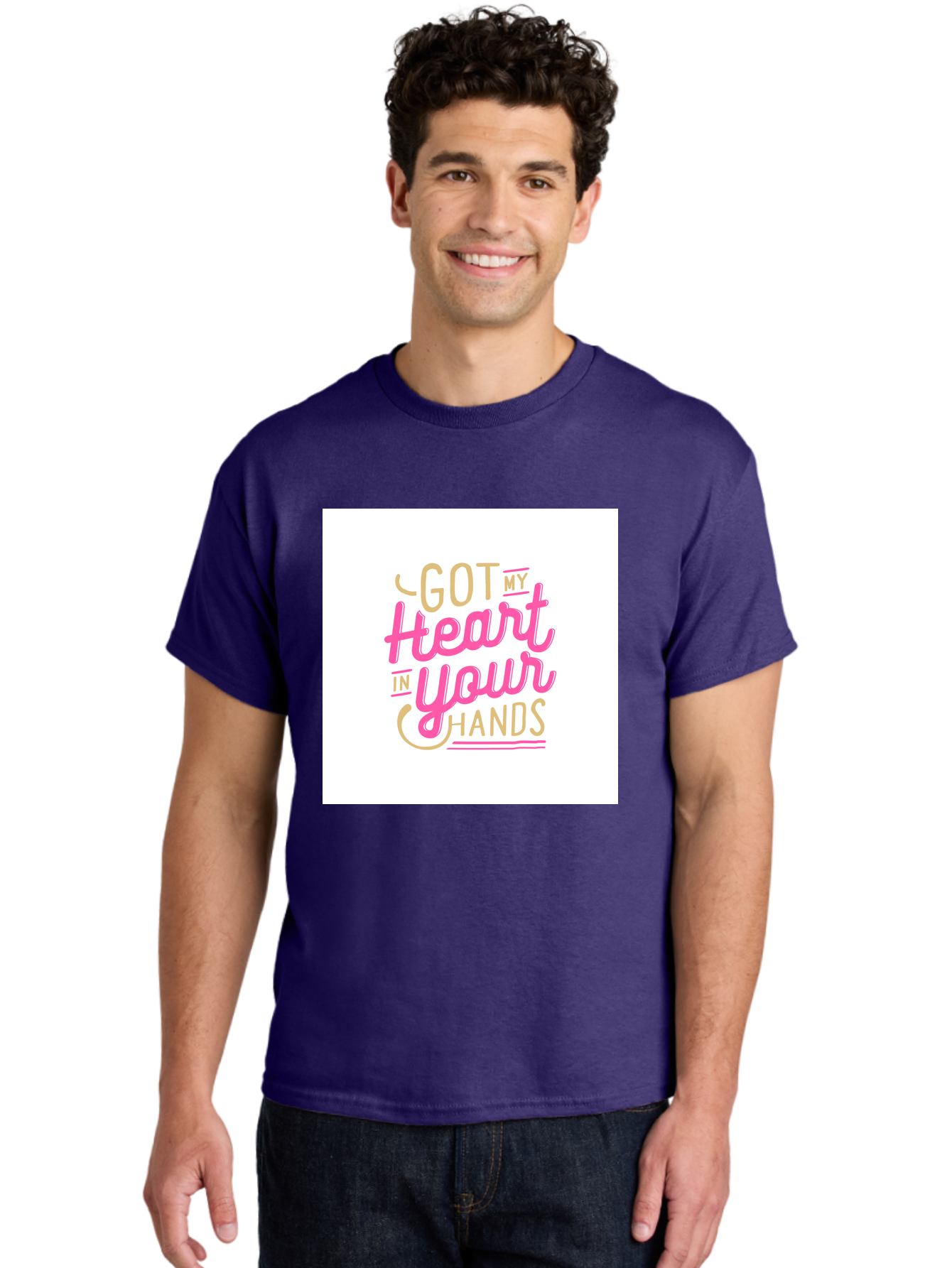 Got-My-Heart-In-Your-Hands Men'S Graphic Tee, 100% Cotton, Comfortable Casual Summer Wear, Machine Washable, Love Quote, Typography Art, Heartwarming Phrase, Gold And Pink Lettering, Inspirational Words, Romantic Gesture, Sweet Sentiment, Aab469