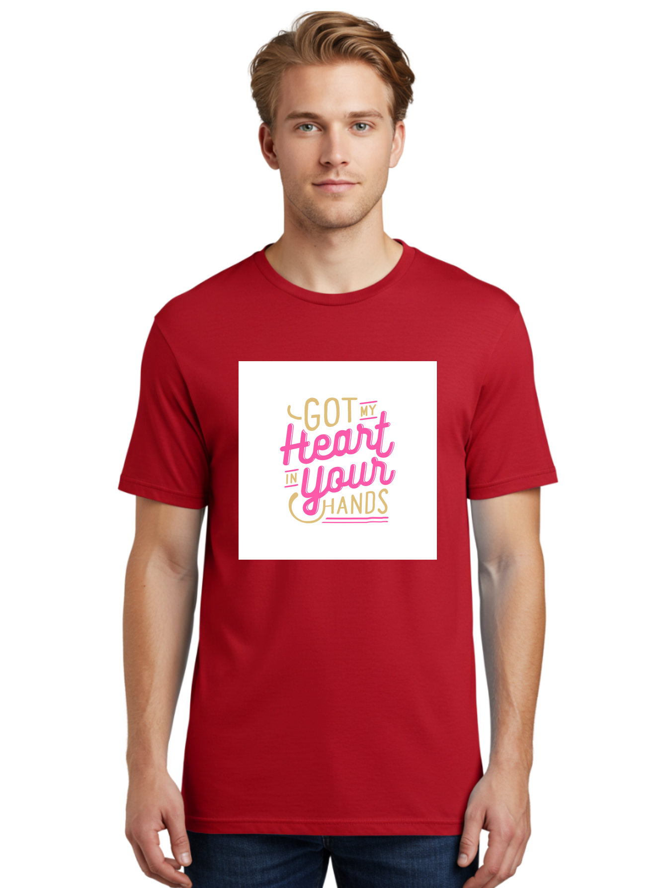Got-My-Heart-In-Your-Hands Men'S Graphic Tee, 100% Cotton, Comfortable Casual Summer Wear, Machine Washable, Love Quote, Typography Art, Heartwarming Phrase, Gold And Pink Lettering, Inspirational Words, Romantic Gesture, Sweet Sentiment, Aab469