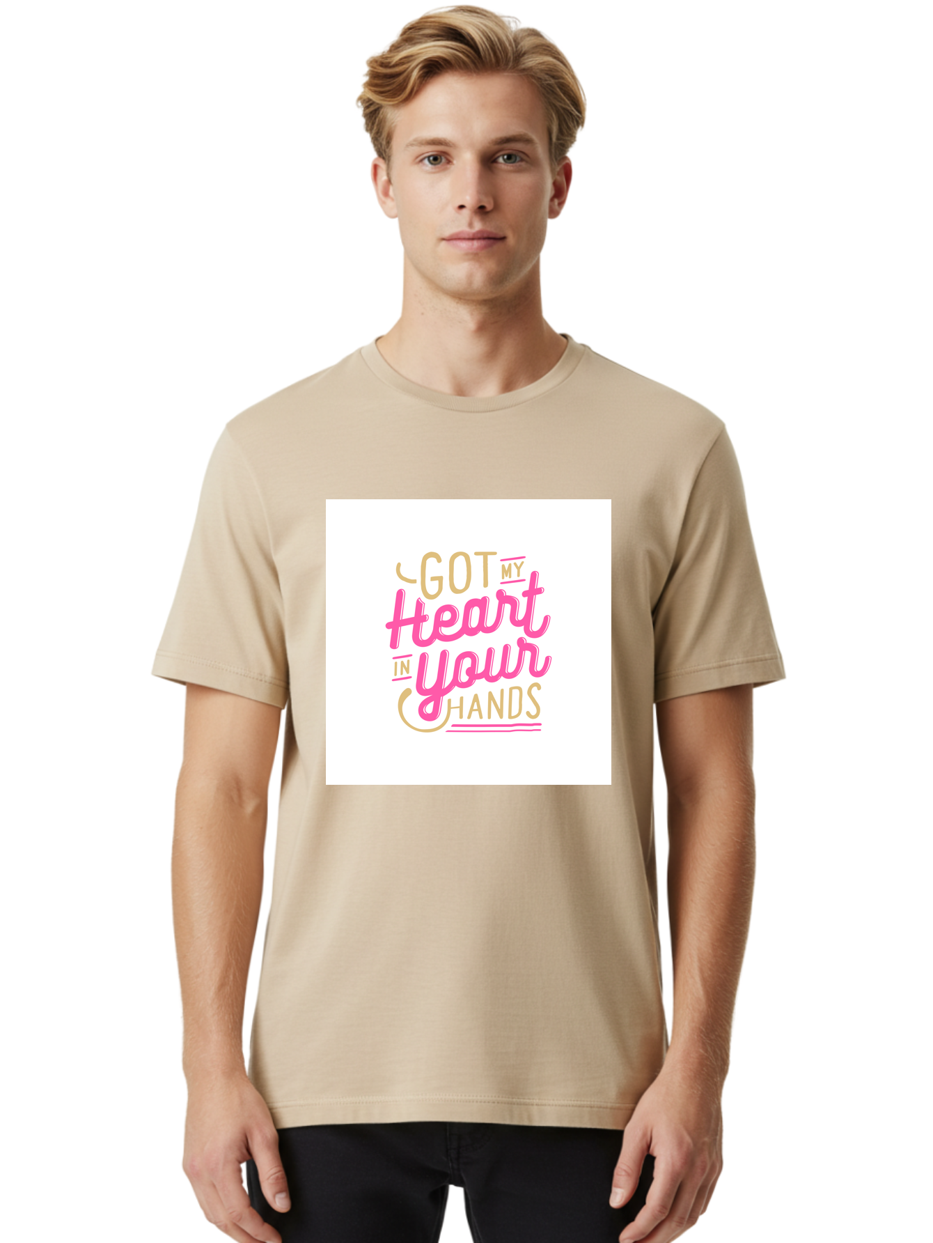 Got-My-Heart-In-Your-Hands Men'S Graphic Tee, 100% Cotton, Comfortable Casual Summer Wear, Machine Washable, Love Quote, Typography Art, Heartwarming Phrase, Gold And Pink Lettering, Inspirational Words, Romantic Gesture, Sweet Sentiment, Aab469