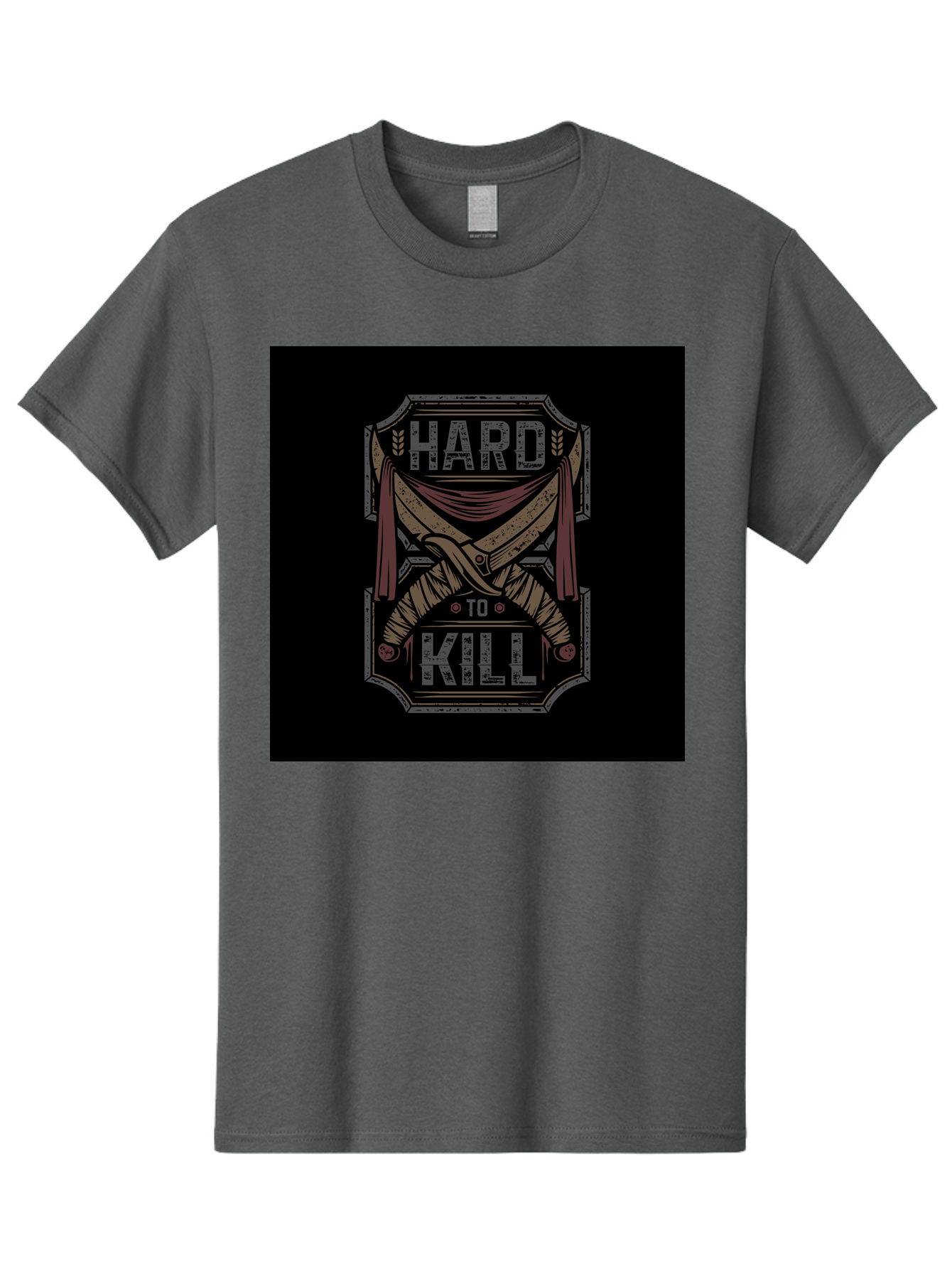 Hard-To-Kill Men'S Graphic Tee, 100% Cotton, Comfortable Casual Summer Wear, Machine Washable, Vintage Typography, Distressed Design, Crossed Swords, Red Fabric, Bold Graphics, Motivational Quote, Warrior Symbol, Edgy Style, Strong Message, Aab470