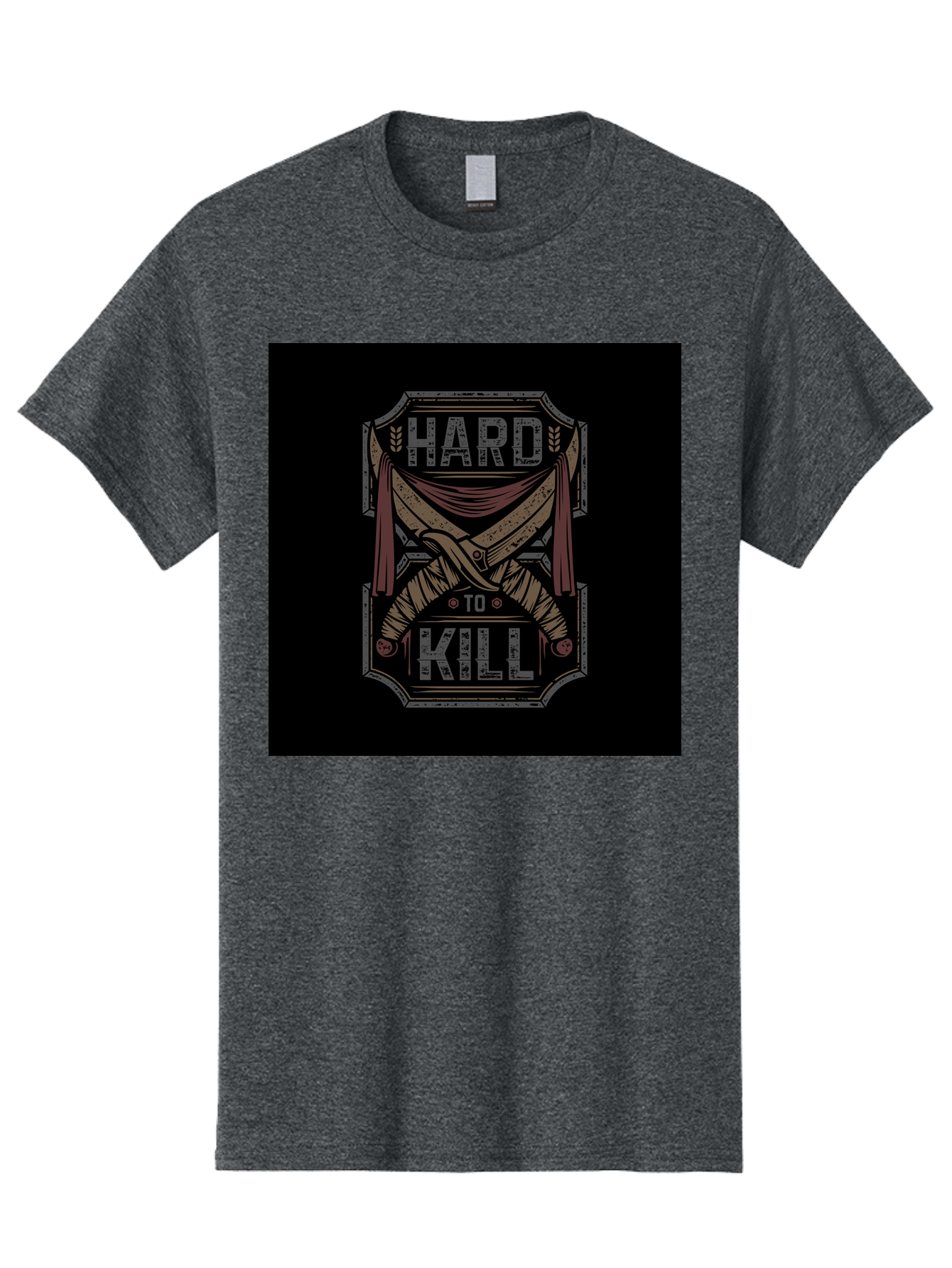 Hard-To-Kill Men'S Graphic Tee, 100% Cotton, Comfortable Casual Summer Wear, Machine Washable, Vintage Typography, Distressed Design, Crossed Swords, Red Fabric, Bold Graphics, Motivational Quote, Warrior Symbol, Edgy Style, Strong Message, Aab470