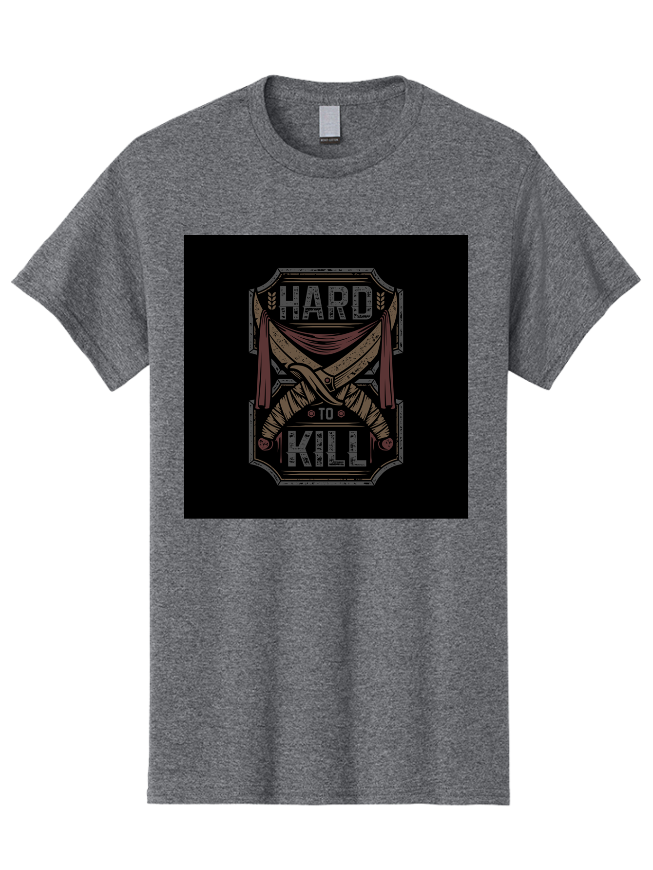 Hard-To-Kill Men'S Graphic Tee, 100% Cotton, Comfortable Casual Summer Wear, Machine Washable, Vintage Typography, Distressed Design, Crossed Swords, Red Fabric, Bold Graphics, Motivational Quote, Warrior Symbol, Edgy Style, Strong Message, Aab470