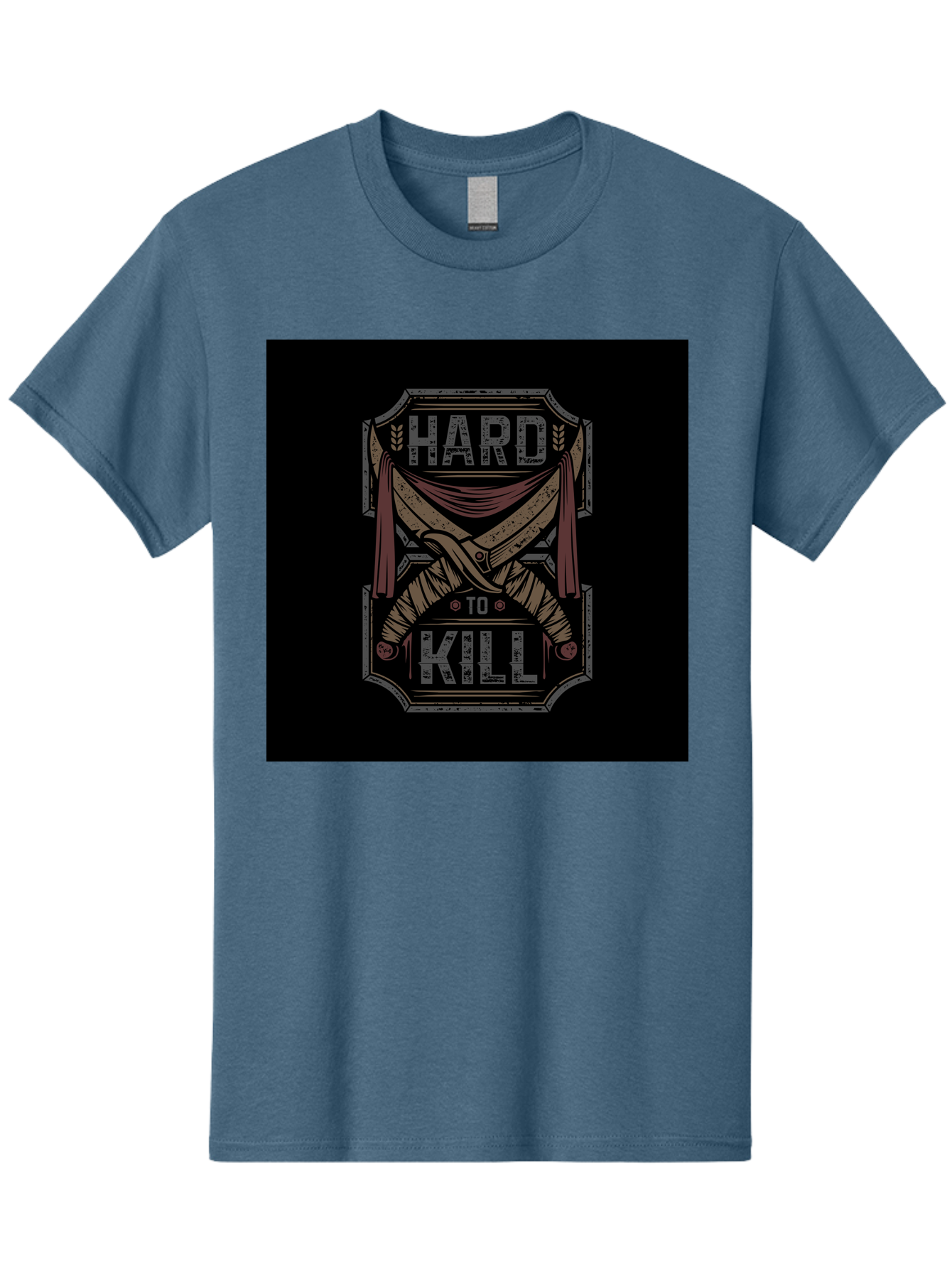 Hard-To-Kill Men'S Graphic Tee, 100% Cotton, Comfortable Casual Summer Wear, Machine Washable, Vintage Typography, Distressed Design, Crossed Swords, Red Fabric, Bold Graphics, Motivational Quote, Warrior Symbol, Edgy Style, Strong Message, Aab470