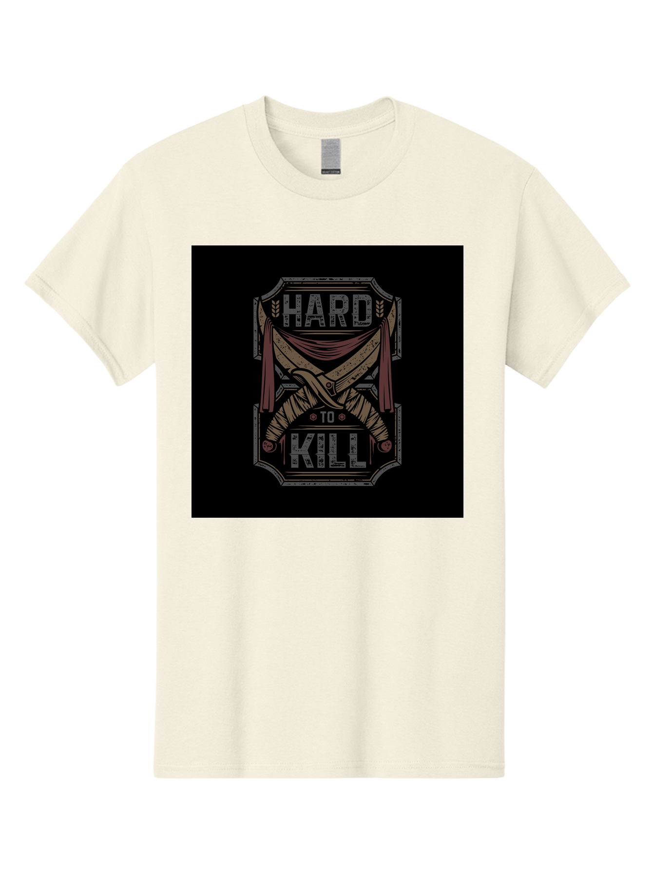 Hard-To-Kill Men'S Graphic Tee, 100% Cotton, Comfortable Casual Summer Wear, Machine Washable, Vintage Typography, Distressed Design, Crossed Swords, Red Fabric, Bold Graphics, Motivational Quote, Warrior Symbol, Edgy Style, Strong Message, Aab470