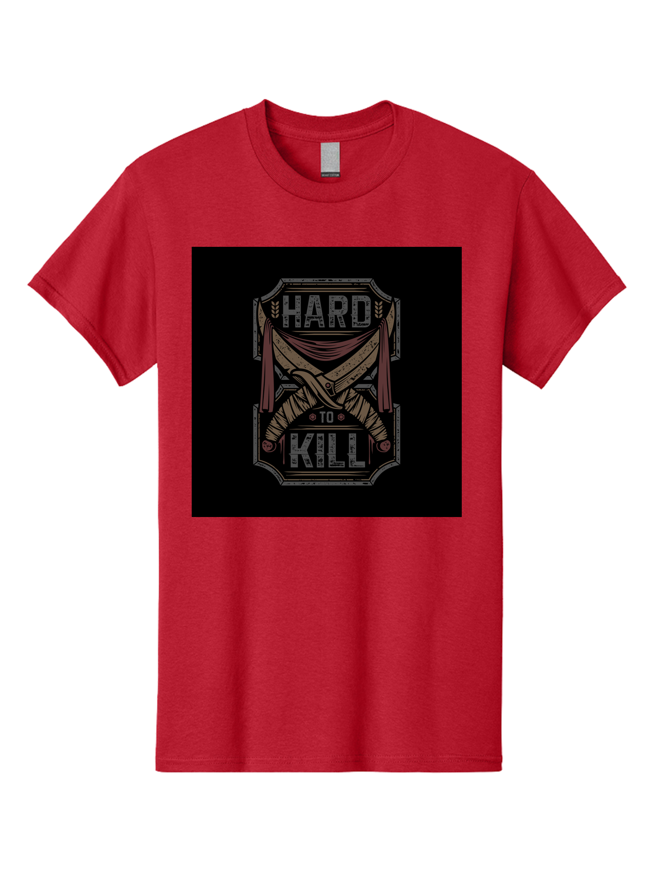 Hard-To-Kill Men'S Graphic Tee, 100% Cotton, Comfortable Casual Summer Wear, Machine Washable, Vintage Typography, Distressed Design, Crossed Swords, Red Fabric, Bold Graphics, Motivational Quote, Warrior Symbol, Edgy Style, Strong Message, Aab470