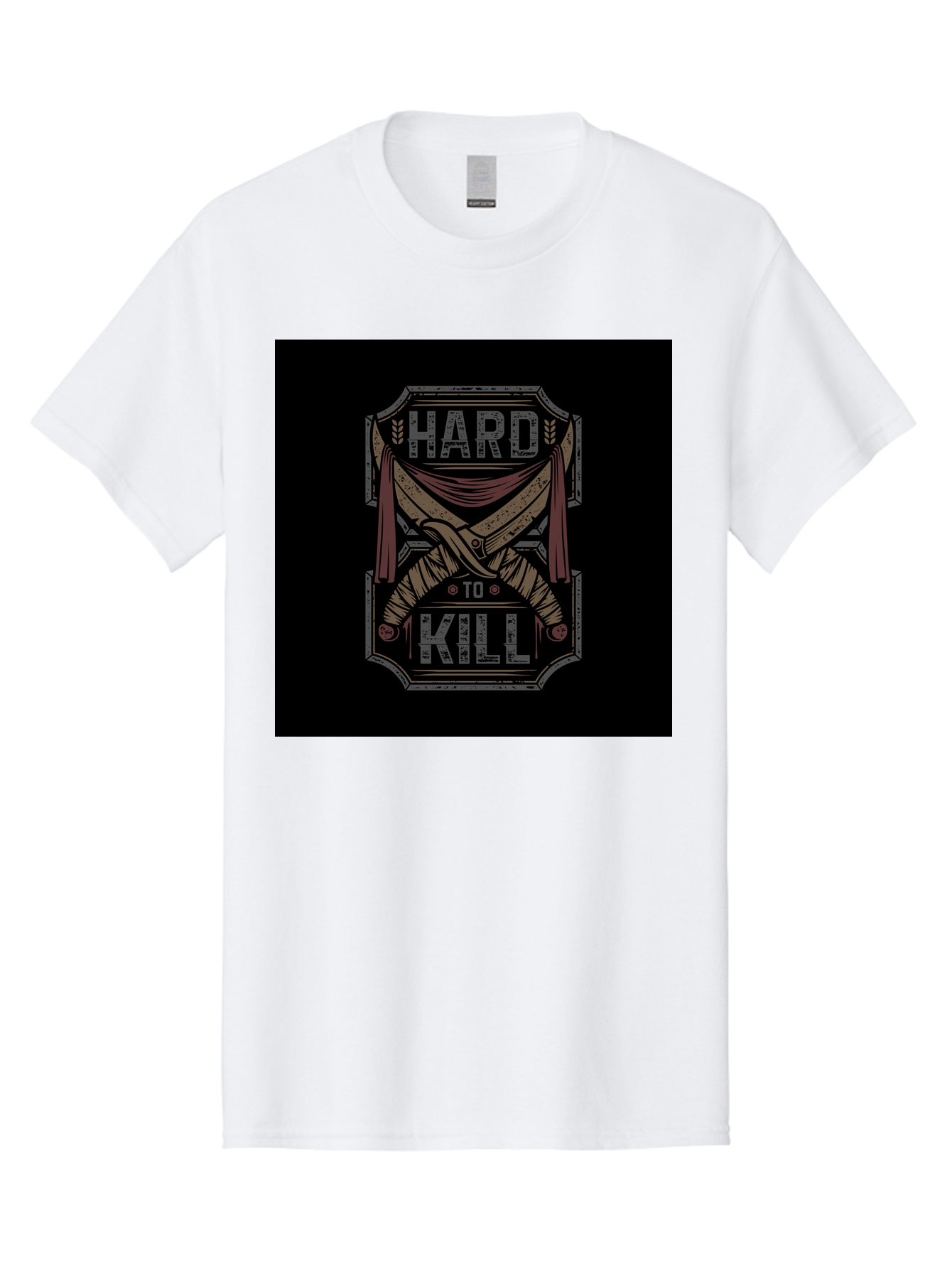 Hard-To-Kill Men'S Graphic Tee, 100% Cotton, Comfortable Casual Summer Wear, Machine Washable, Vintage Typography, Distressed Design, Crossed Swords, Red Fabric, Bold Graphics, Motivational Quote, Warrior Symbol, Edgy Style, Strong Message, Aab470