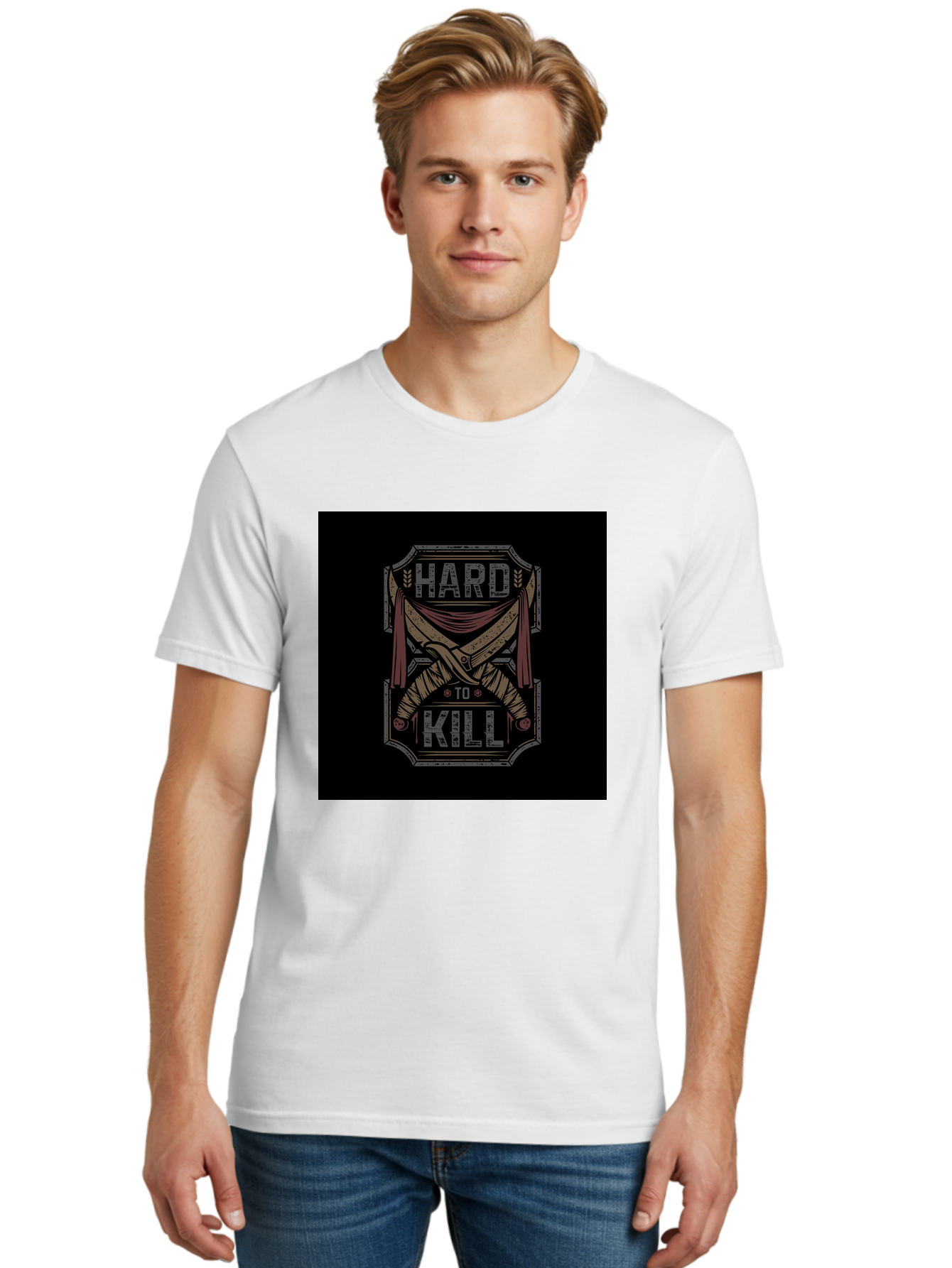 Hard-To-Kill Men'S Graphic Tee, 100% Cotton, Comfortable Casual Summer Wear, Machine Washable, Vintage Typography, Distressed Design, Crossed Swords, Red Fabric, Bold Graphics, Motivational Quote, Warrior Symbol, Edgy Style, Strong Message, Aab470