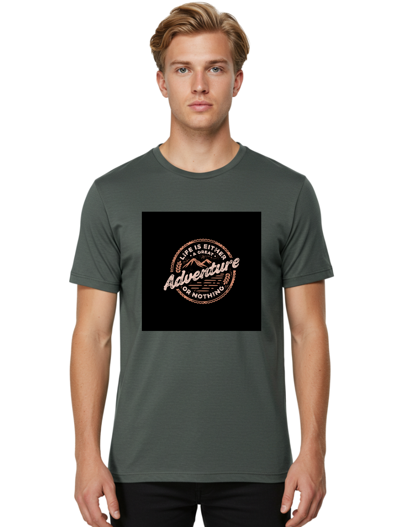 Life-Is-Either-Adventure-Or-Nothing Men'S Graphic Tee, 100% Cotton, Comfortable Casual Summer Wear, Machine Washable, Motivational Quote, Adventure Seeking, Inspiring Words, Travel Inspiration, Outdoor Enthusiasm, Wanderlust, Exploration, Aab473