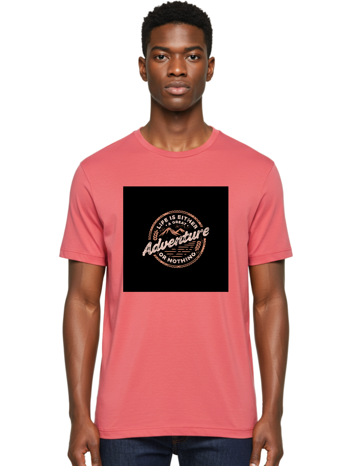 Life-Is-Either-Adventure-Or-Nothing Men'S Graphic Tee, 100% Cotton, Comfortable Casual Summer Wear, Machine Washable, Motivational Quote, Adventure Seeking, Inspiring Words, Travel Inspiration, Outdoor Enthusiasm, Wanderlust, Exploration, Aab473