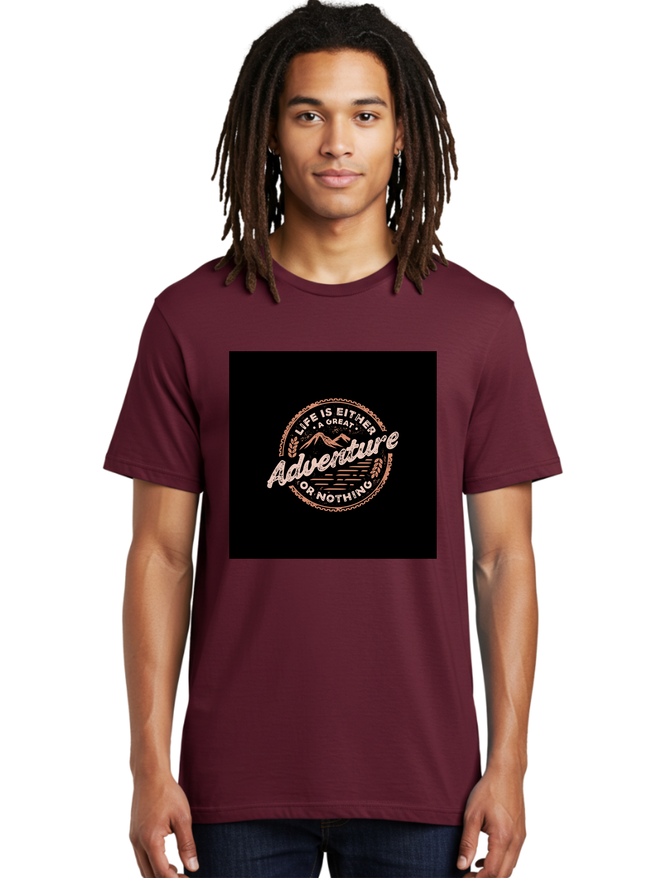 Life-Is-Either-Adventure-Or-Nothing Men'S Graphic Tee, 100% Cotton, Comfortable Casual Summer Wear, Machine Washable, Motivational Quote, Adventure Seeking, Inspiring Words, Travel Inspiration, Outdoor Enthusiasm, Wanderlust, Exploration, Aab473