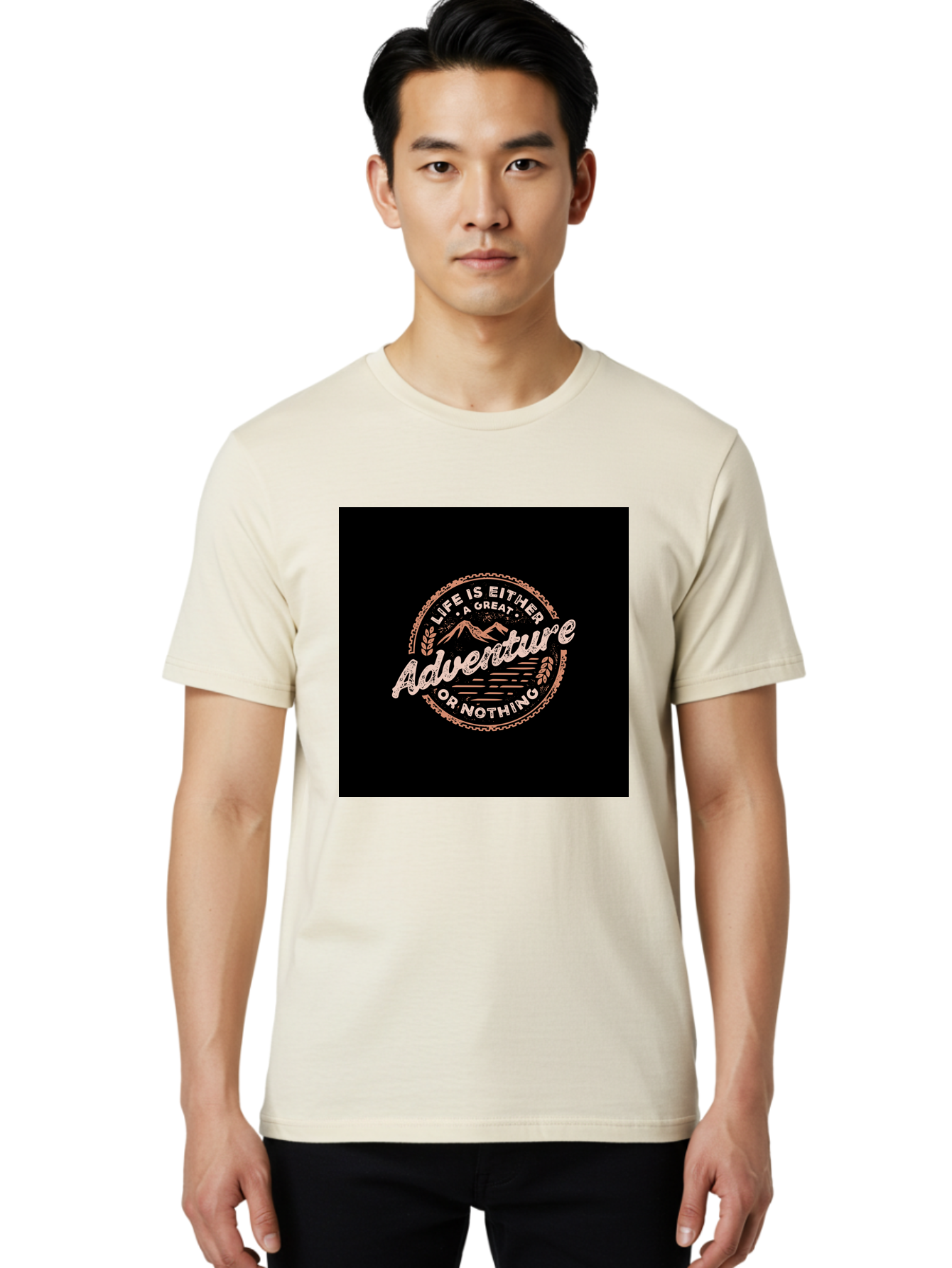 Life-Is-Either-Adventure-Or-Nothing Men'S Graphic Tee, 100% Cotton, Comfortable Casual Summer Wear, Machine Washable, Motivational Quote, Adventure Seeking, Inspiring Words, Travel Inspiration, Outdoor Enthusiasm, Wanderlust, Exploration, Aab473