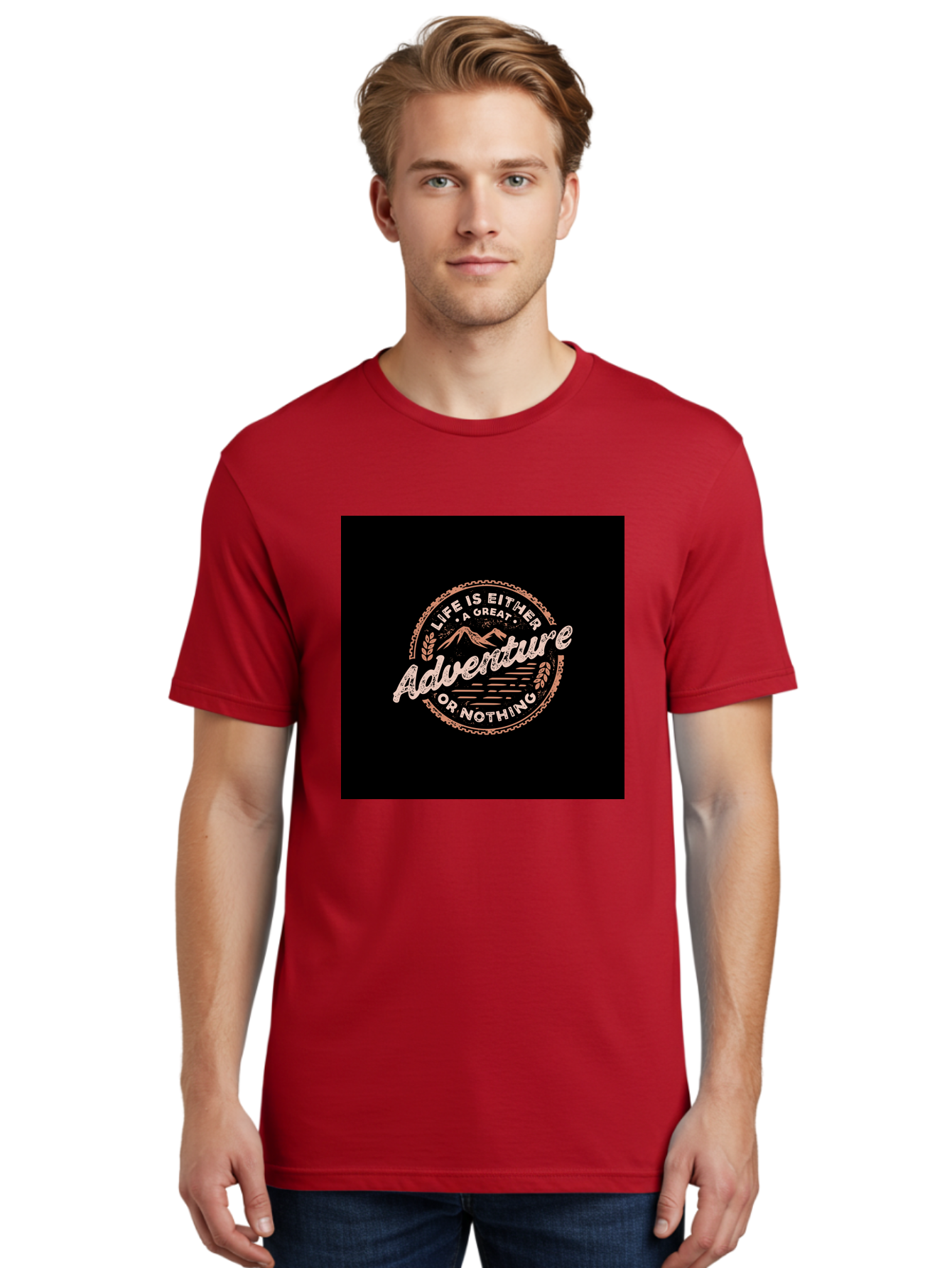 Life-Is-Either-Adventure-Or-Nothing Men'S Graphic Tee, 100% Cotton, Comfortable Casual Summer Wear, Machine Washable, Motivational Quote, Adventure Seeking, Inspiring Words, Travel Inspiration, Outdoor Enthusiasm, Wanderlust, Exploration, Aab473