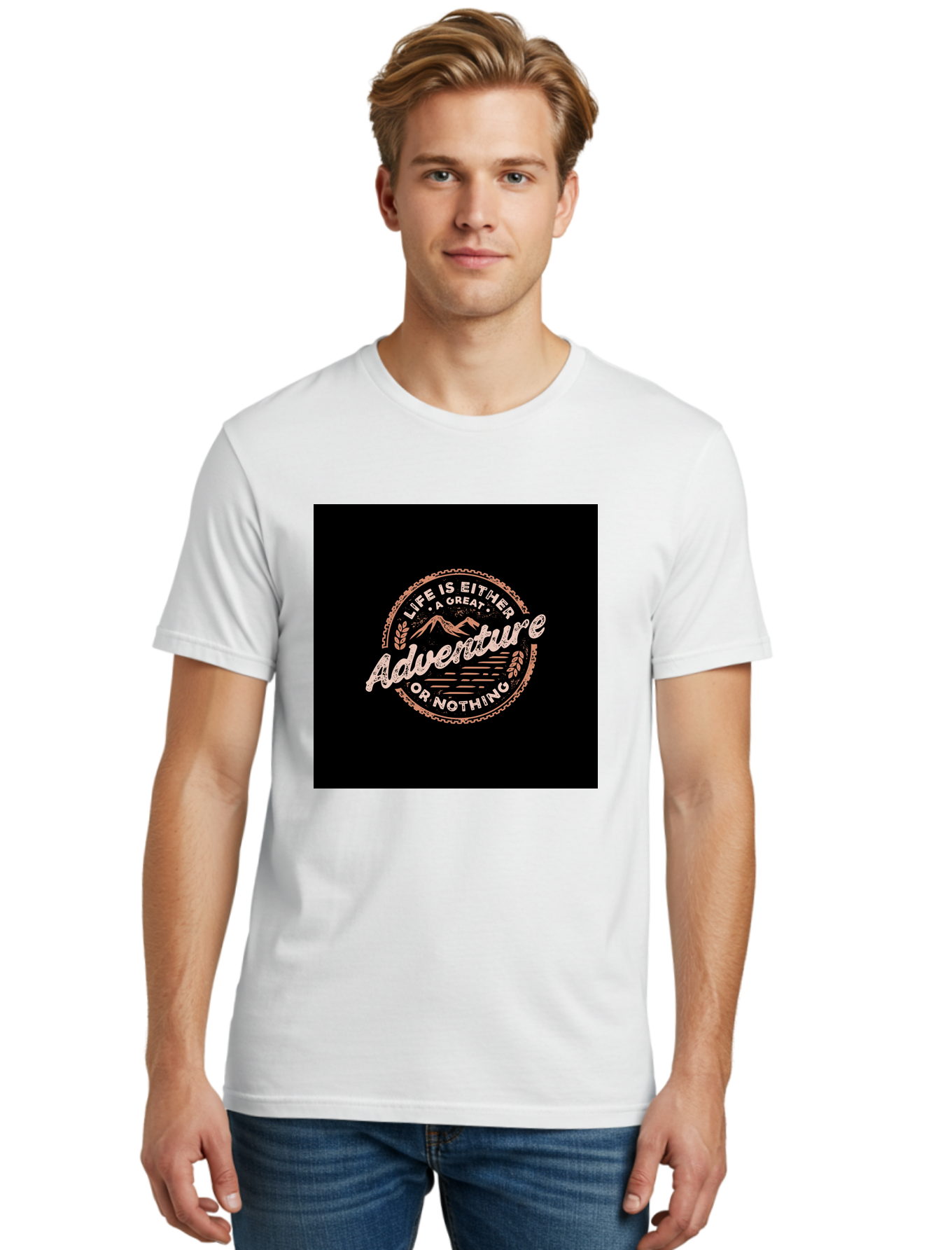Life-Is-Either-Adventure-Or-Nothing Men'S Graphic Tee, 100% Cotton, Comfortable Casual Summer Wear, Machine Washable, Motivational Quote, Adventure Seeking, Inspiring Words, Travel Inspiration, Outdoor Enthusiasm, Wanderlust, Exploration, Aab473