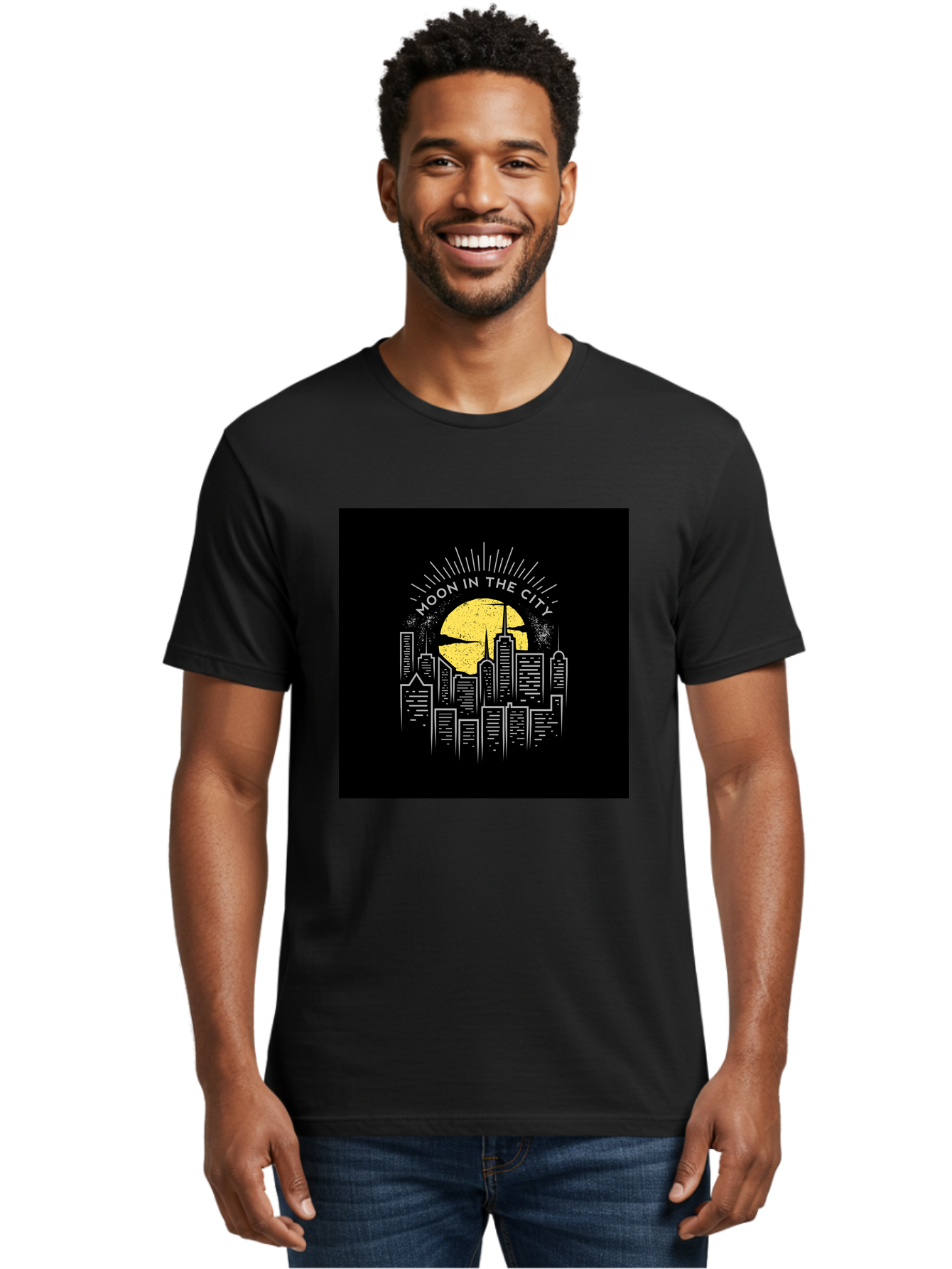 Moon-In-The-City Men'S Graphic Tee, 100% Cotton, Comfortable Casual Summer Wear, Machine Washable, City Skyline, Urban Landscape, Full Moon, Night Scene, Modern Architecture, Skyscrapers, Moonlit, City Life, Urban Ambiance, Nighttime Cityscape Aab474