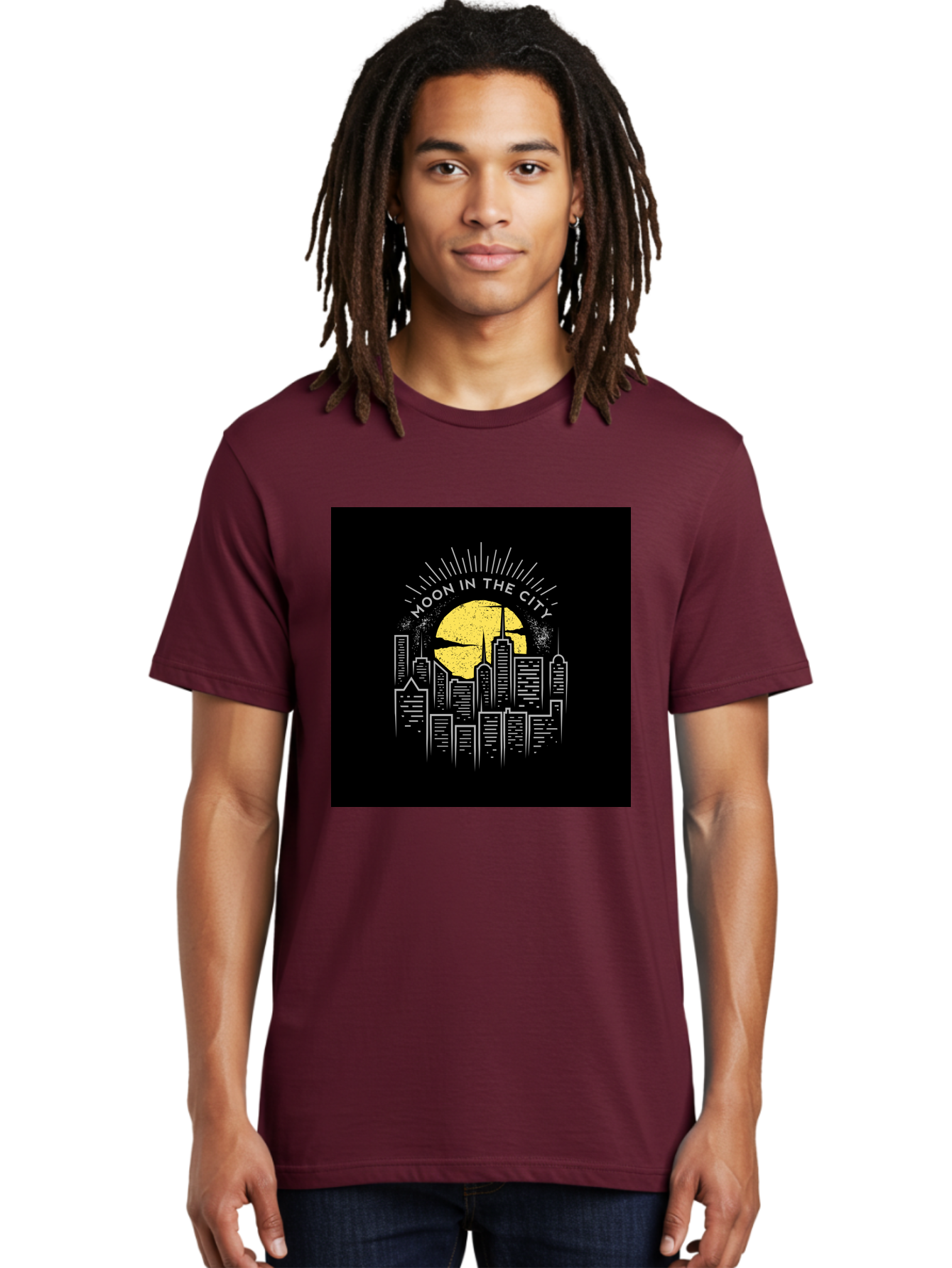 Moon-In-The-City Men'S Graphic Tee, 100% Cotton, Comfortable Casual Summer Wear, Machine Washable, City Skyline, Urban Landscape, Full Moon, Night Scene, Modern Architecture, Skyscrapers, Moonlit, City Life, Urban Ambiance, Nighttime Cityscape Aab474