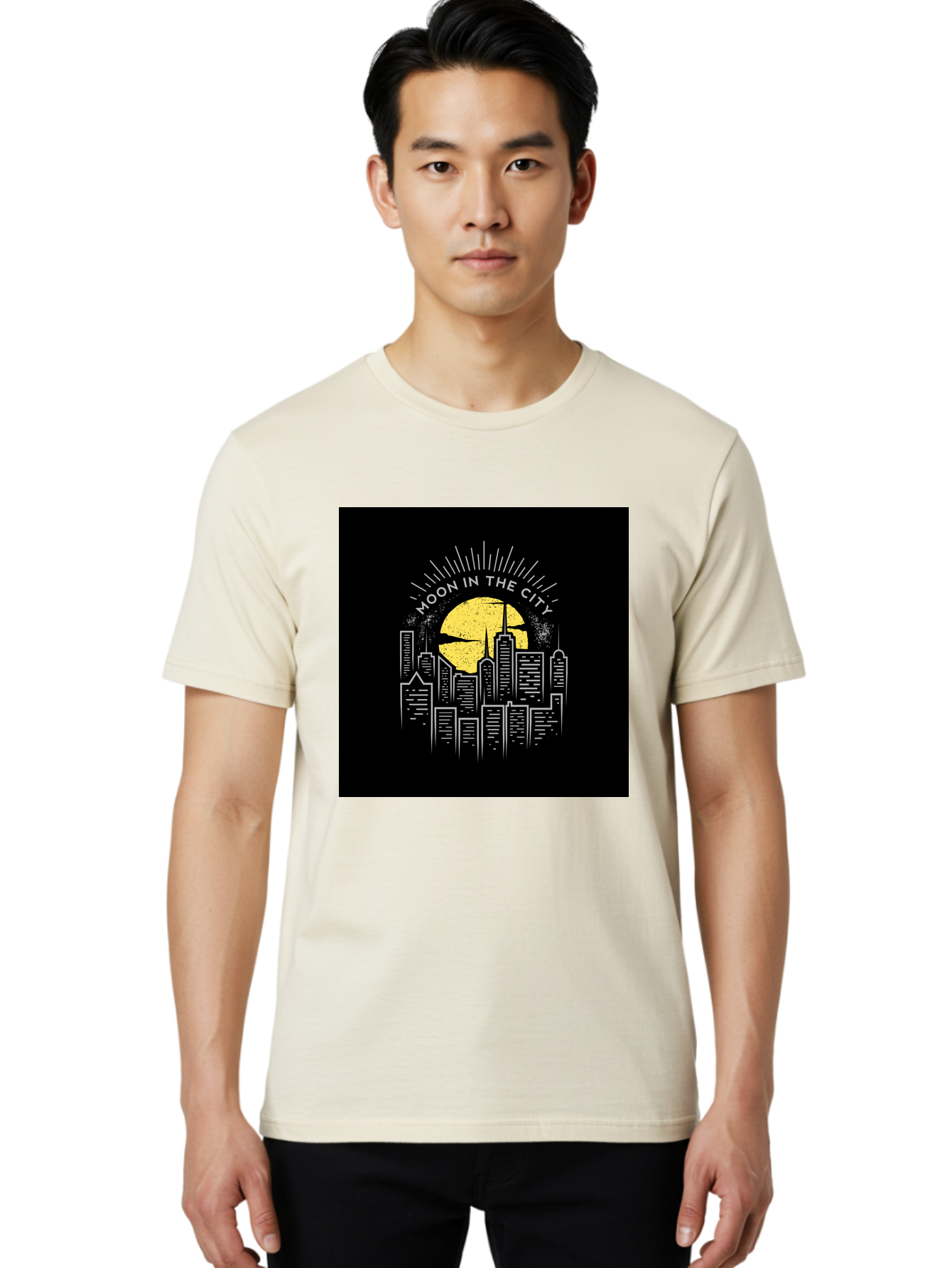 Moon-In-The-City Men'S Graphic Tee, 100% Cotton, Comfortable Casual Summer Wear, Machine Washable, City Skyline, Urban Landscape, Full Moon, Night Scene, Modern Architecture, Skyscrapers, Moonlit, City Life, Urban Ambiance, Nighttime Cityscape Aab474