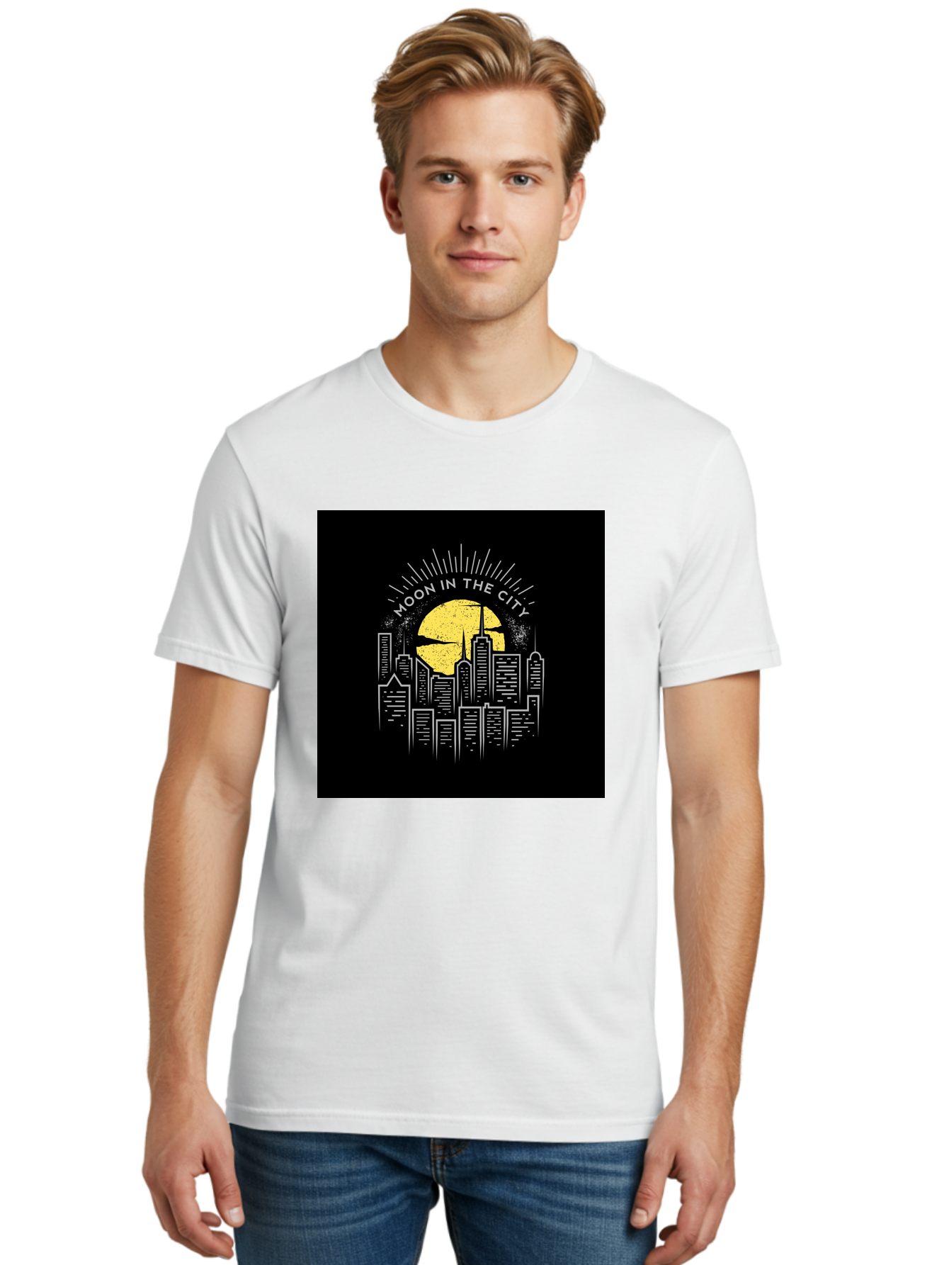Moon-In-The-City Men'S Graphic Tee, 100% Cotton, Comfortable Casual Summer Wear, Machine Washable, City Skyline, Urban Landscape, Full Moon, Night Scene, Modern Architecture, Skyscrapers, Moonlit, City Life, Urban Ambiance, Nighttime Cityscape Aab474