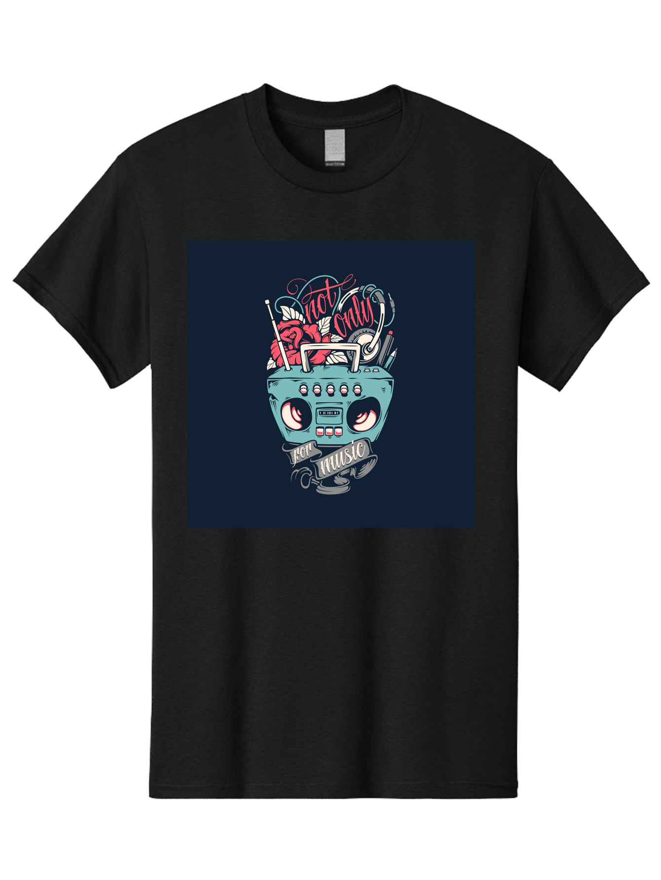 Not-Only-For-Music-Boombox Men'S Graphic Tee, 100% Cotton, Comfortable Casual Summer Wear, Machine Washable, Boombox Illustration, Cartoon Style, Vintage Electronics, Music Lovers, Retro Design, Cassette Tape, Headphones, Roses, Nostalgia, Aab475