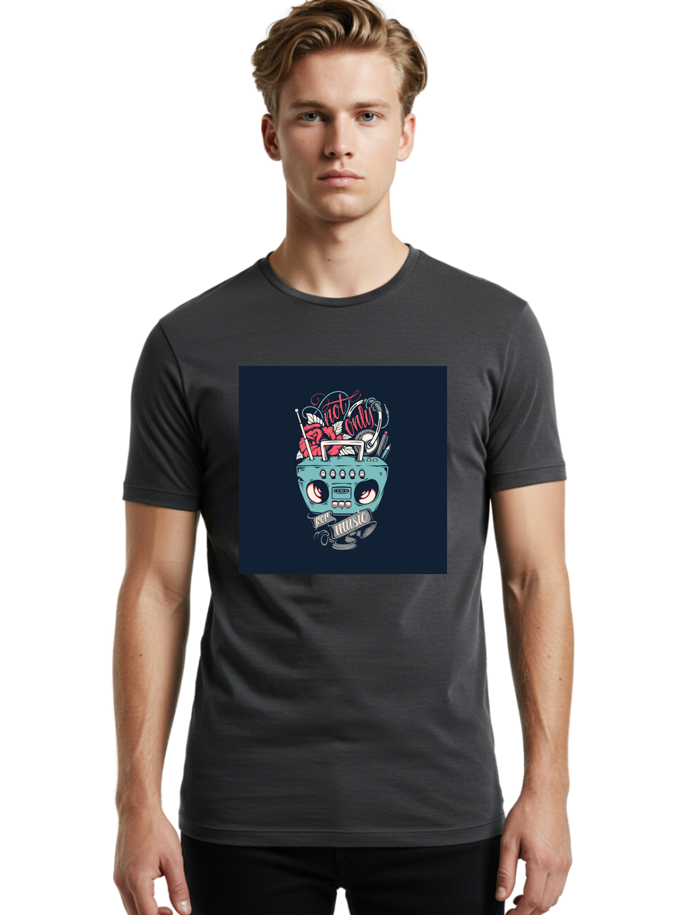 Not-Only-For-Music-Boombox Men'S Graphic Tee, 100% Cotton, Comfortable Casual Summer Wear, Machine Washable, Boombox Illustration, Cartoon Style, Vintage Electronics, Music Lovers, Retro Design, Cassette Tape, Headphones, Roses, Nostalgia, Aab475