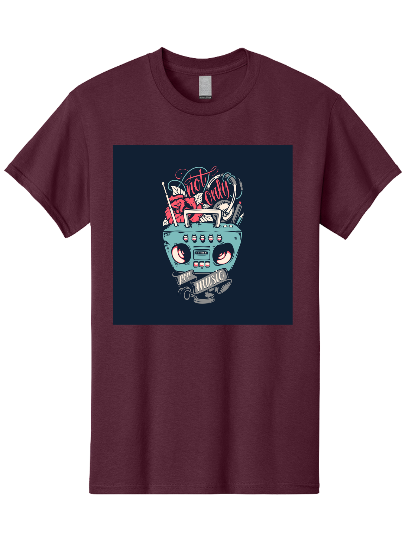 Not-Only-For-Music-Boombox Men'S Graphic Tee, 100% Cotton, Comfortable Casual Summer Wear, Machine Washable, Boombox Illustration, Cartoon Style, Vintage Electronics, Music Lovers, Retro Design, Cassette Tape, Headphones, Roses, Nostalgia, Aab475