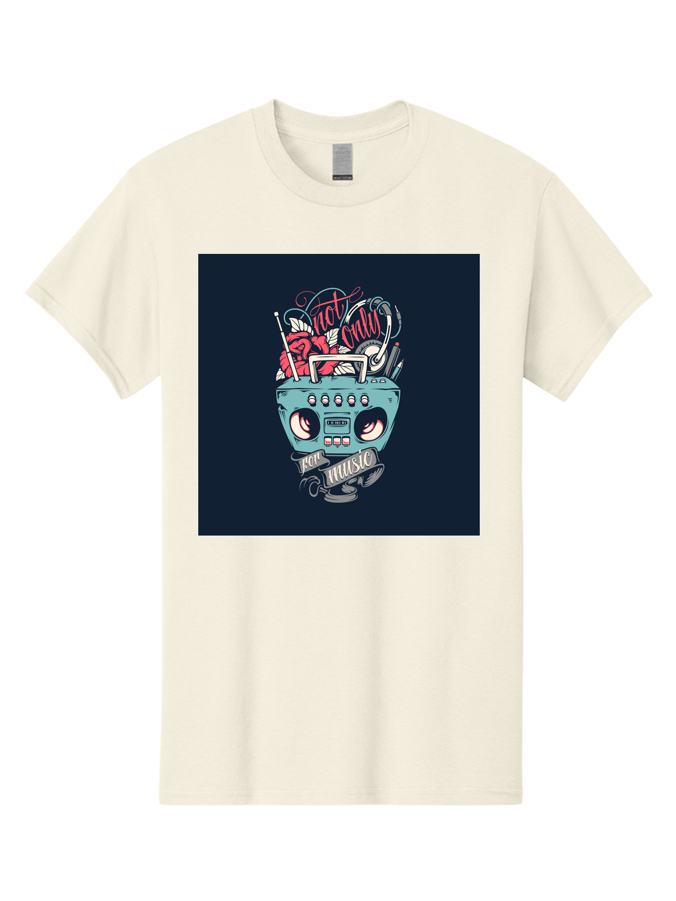Not-Only-For-Music-Boombox Men'S Graphic Tee, 100% Cotton, Comfortable Casual Summer Wear, Machine Washable, Boombox Illustration, Cartoon Style, Vintage Electronics, Music Lovers, Retro Design, Cassette Tape, Headphones, Roses, Nostalgia, Aab475