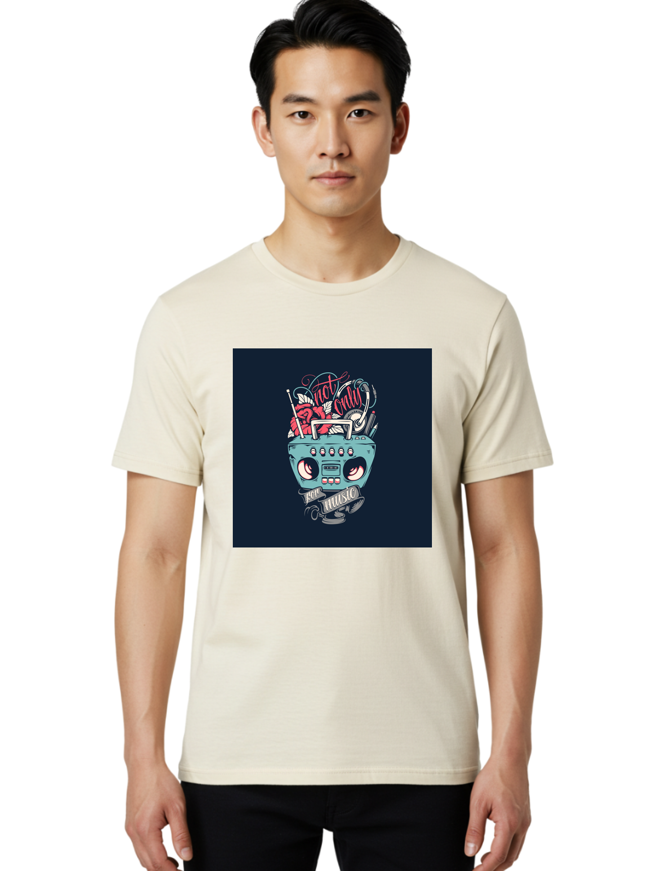 Not-Only-For-Music-Boombox Men'S Graphic Tee, 100% Cotton, Comfortable Casual Summer Wear, Machine Washable, Boombox Illustration, Cartoon Style, Vintage Electronics, Music Lovers, Retro Design, Cassette Tape, Headphones, Roses, Nostalgia, Aab475