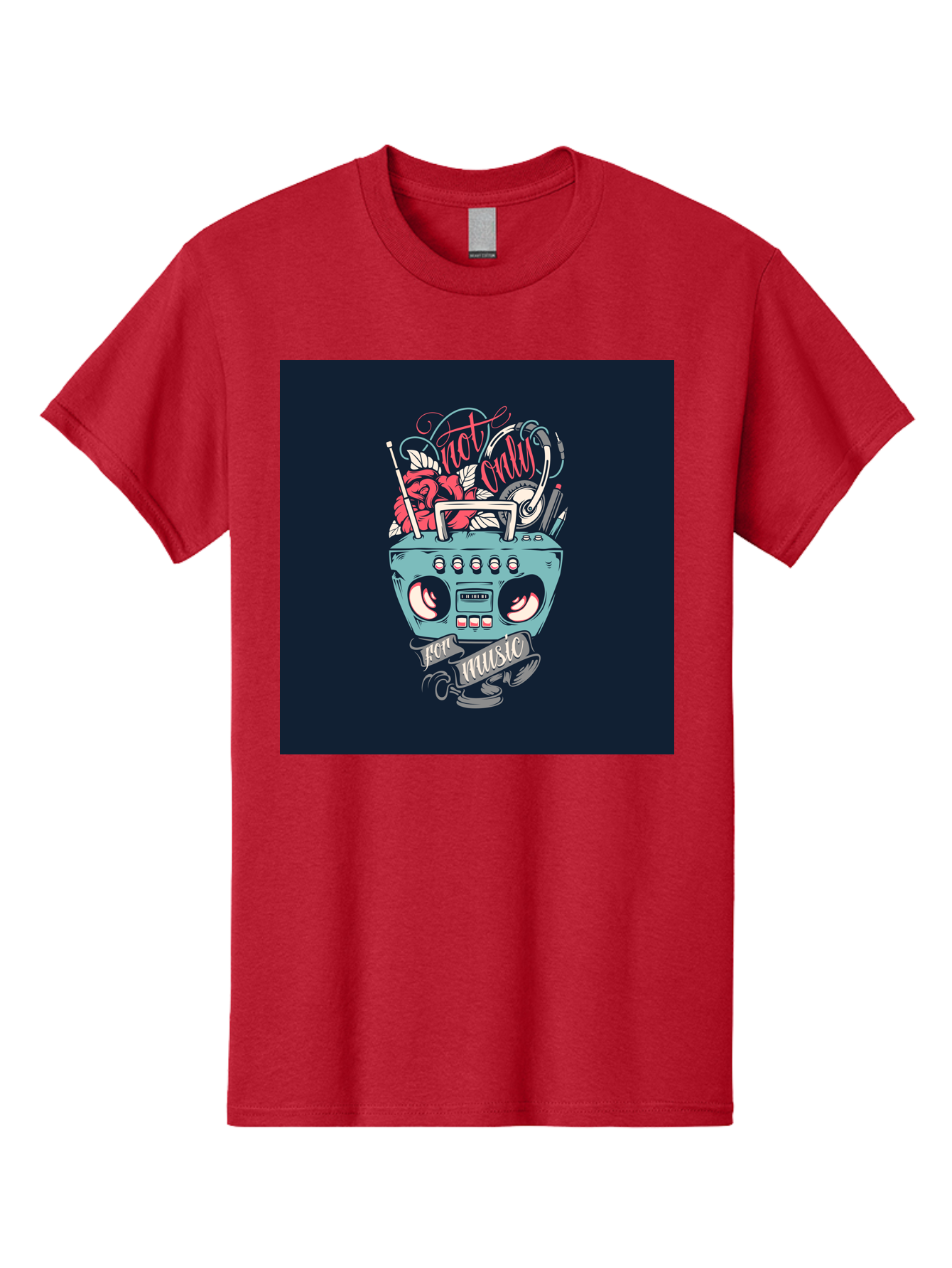 Not-Only-For-Music-Boombox Men'S Graphic Tee, 100% Cotton, Comfortable Casual Summer Wear, Machine Washable, Boombox Illustration, Cartoon Style, Vintage Electronics, Music Lovers, Retro Design, Cassette Tape, Headphones, Roses, Nostalgia, Aab475