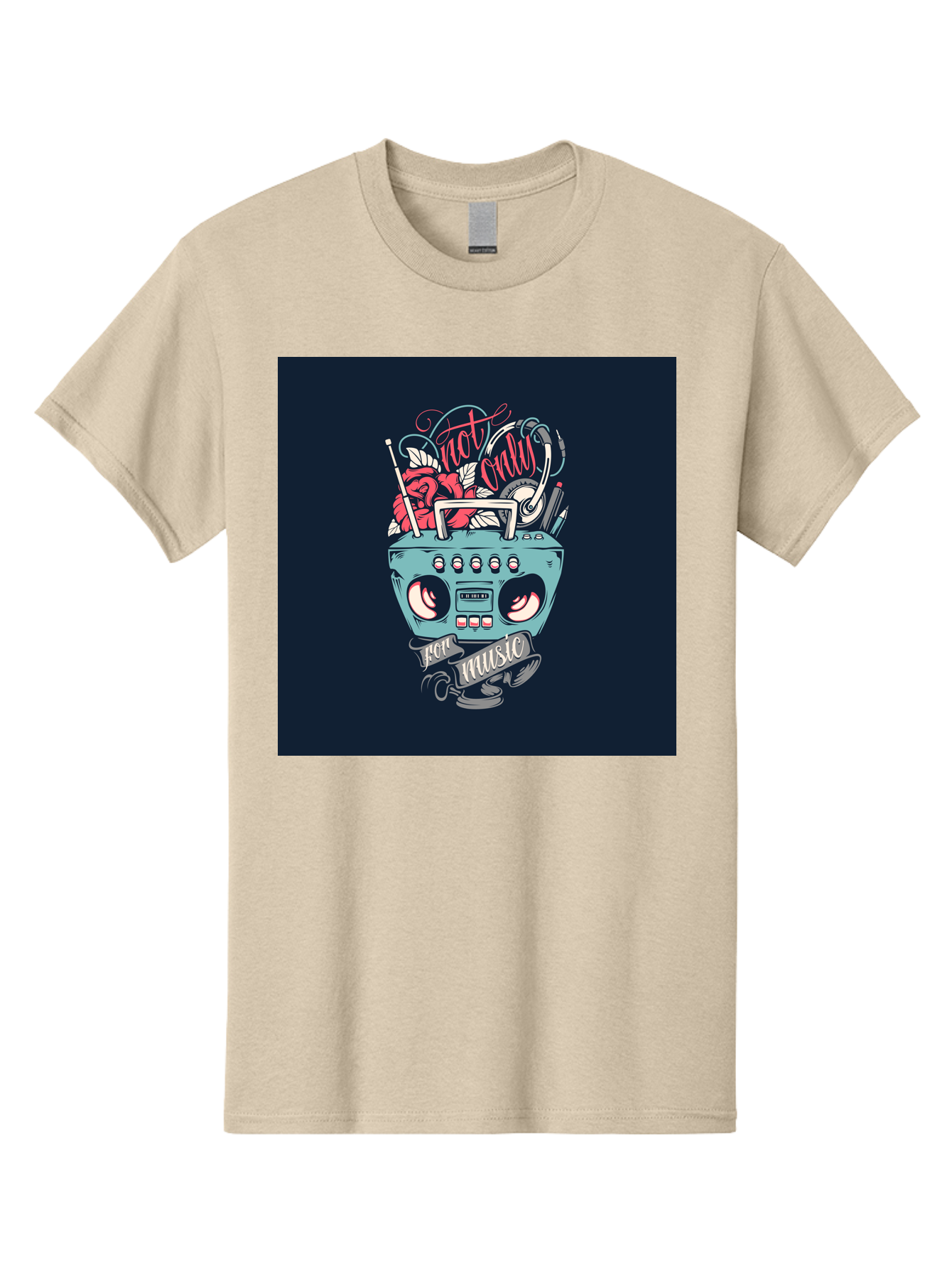 Not-Only-For-Music-Boombox Men'S Graphic Tee, 100% Cotton, Comfortable Casual Summer Wear, Machine Washable, Boombox Illustration, Cartoon Style, Vintage Electronics, Music Lovers, Retro Design, Cassette Tape, Headphones, Roses, Nostalgia, Aab475