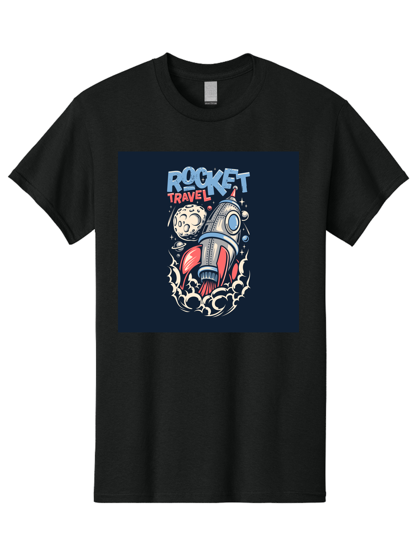 Rocket-Travel Men'S Graphic Tee, 100% Cotton, Comfortable Casual Summer Wear, Machine Washable, Rocket Ship, Space Travel, Adventure, Exploration, Cartoon Style, Vibrant Colors, Celestial Bodies, Moon, Stars, Futuristic Aab476