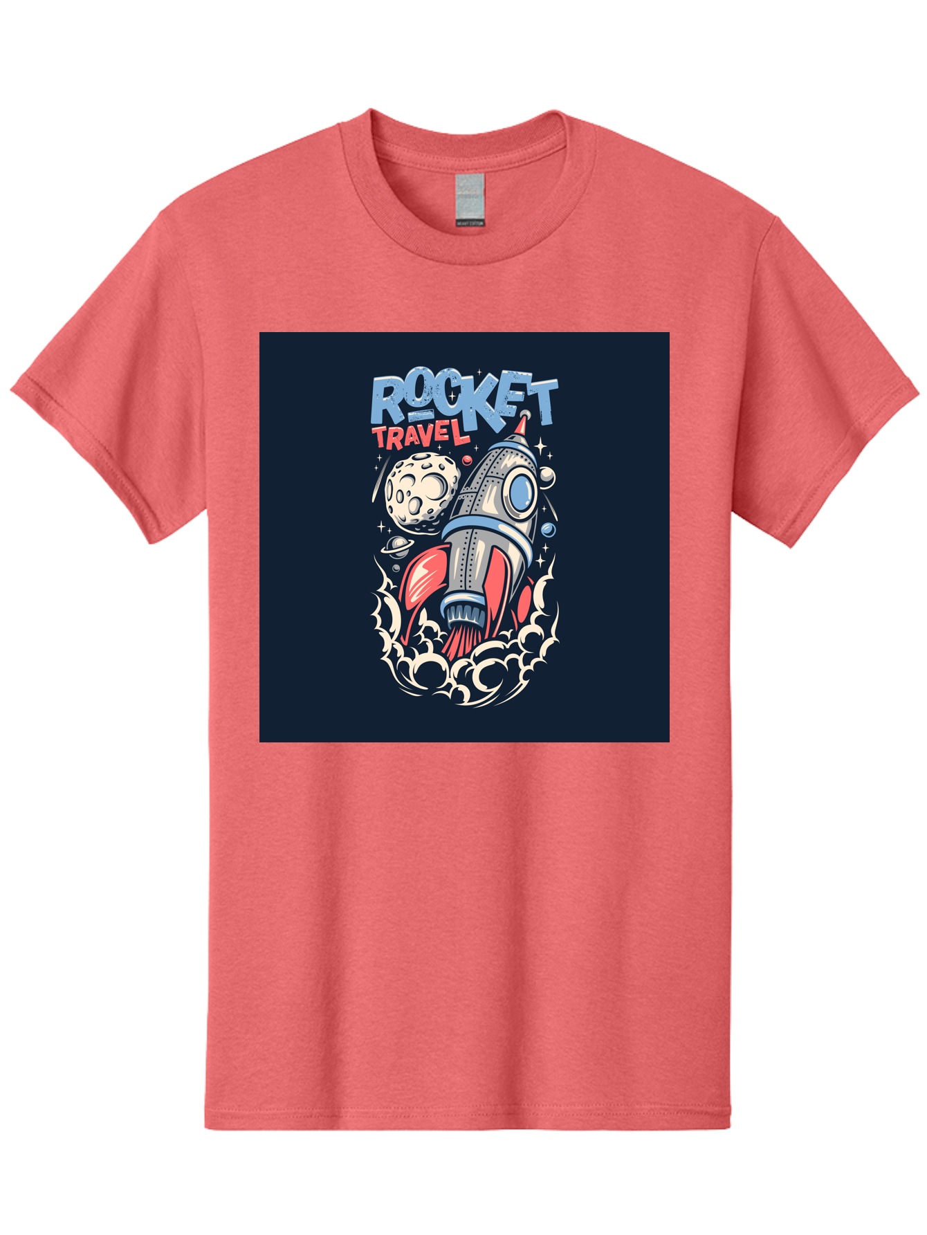 Rocket-Travel Men'S Graphic Tee, 100% Cotton, Comfortable Casual Summer Wear, Machine Washable, Rocket Ship, Space Travel, Adventure, Exploration, Cartoon Style, Vibrant Colors, Celestial Bodies, Moon, Stars, Futuristic Aab476