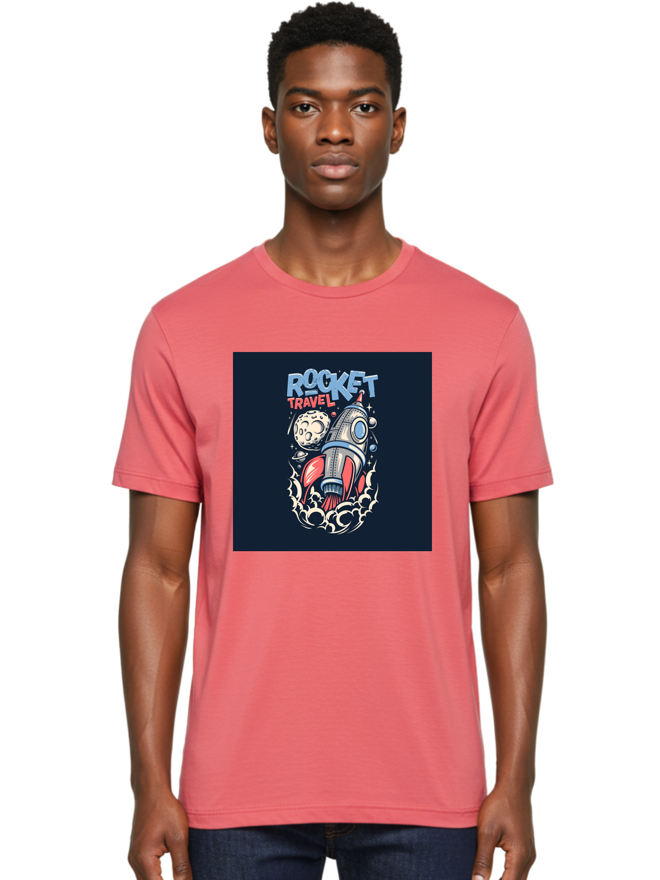 Rocket-Travel Men'S Graphic Tee, 100% Cotton, Comfortable Casual Summer Wear, Machine Washable, Rocket Ship, Space Travel, Adventure, Exploration, Cartoon Style, Vibrant Colors, Celestial Bodies, Moon, Stars, Futuristic Aab476