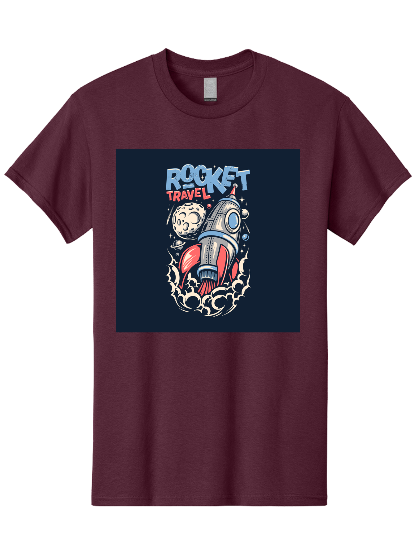 Rocket-Travel Men'S Graphic Tee, 100% Cotton, Comfortable Casual Summer Wear, Machine Washable, Rocket Ship, Space Travel, Adventure, Exploration, Cartoon Style, Vibrant Colors, Celestial Bodies, Moon, Stars, Futuristic Aab476