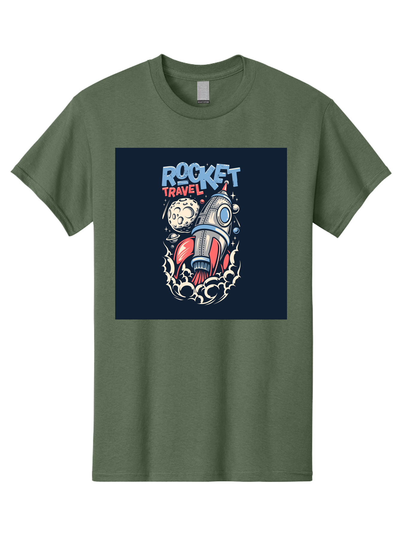 Rocket-Travel Men'S Graphic Tee, 100% Cotton, Comfortable Casual Summer Wear, Machine Washable, Rocket Ship, Space Travel, Adventure, Exploration, Cartoon Style, Vibrant Colors, Celestial Bodies, Moon, Stars, Futuristic Aab476
