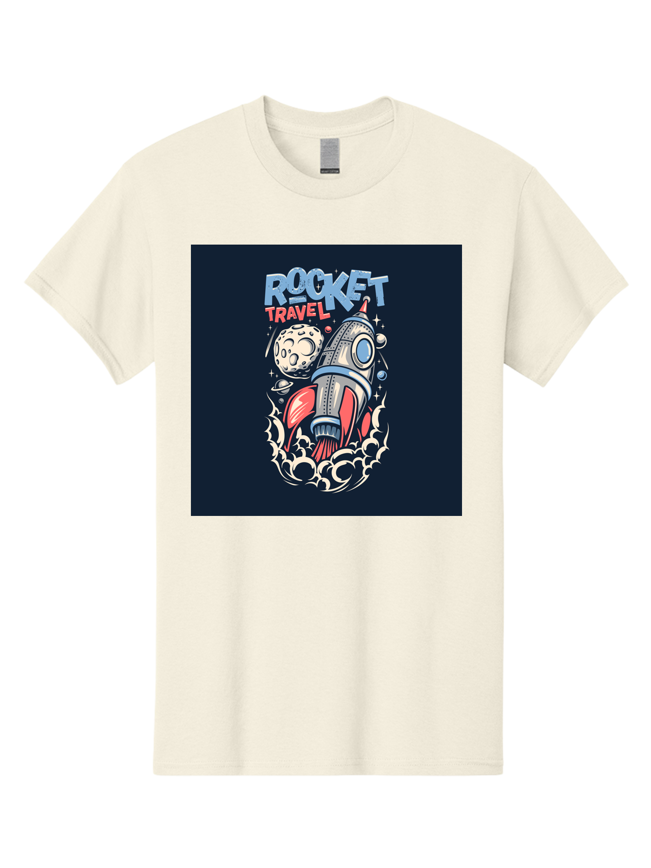 Rocket-Travel Men'S Graphic Tee, 100% Cotton, Comfortable Casual Summer Wear, Machine Washable, Rocket Ship, Space Travel, Adventure, Exploration, Cartoon Style, Vibrant Colors, Celestial Bodies, Moon, Stars, Futuristic Aab476